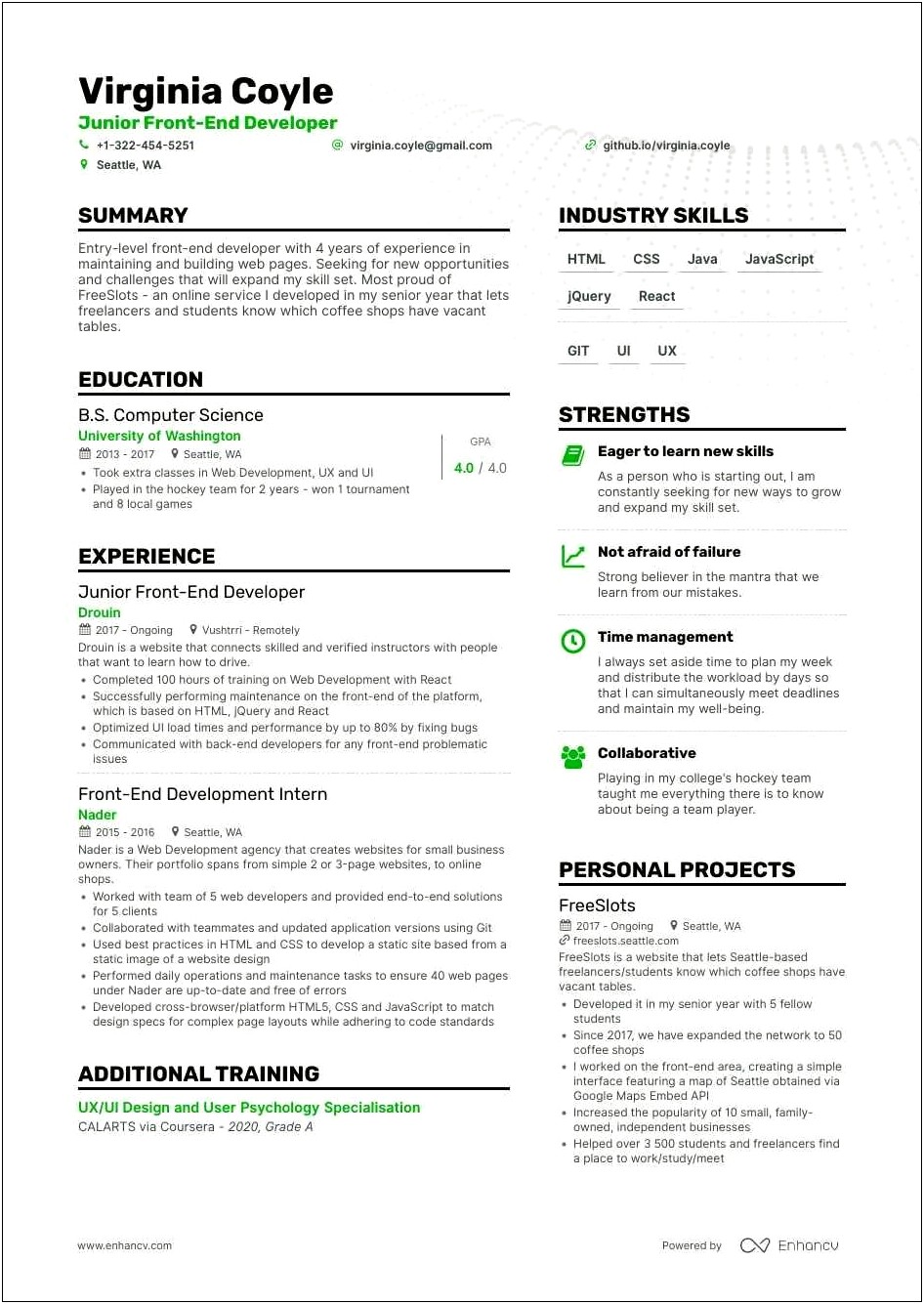 Front End Web Developer Example Resume