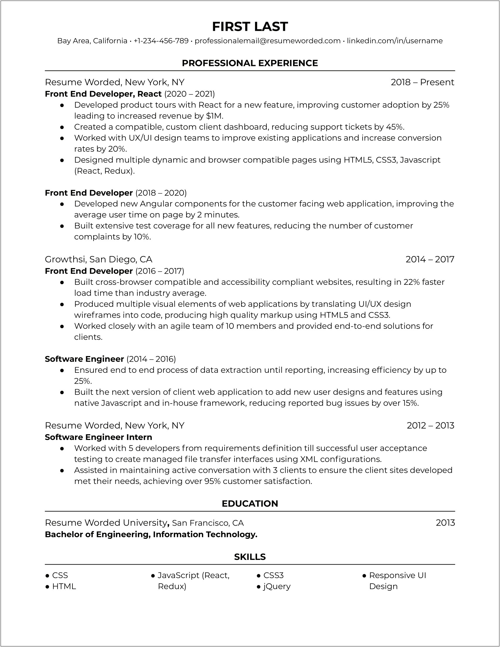 Front End Web Developer Experience Resume