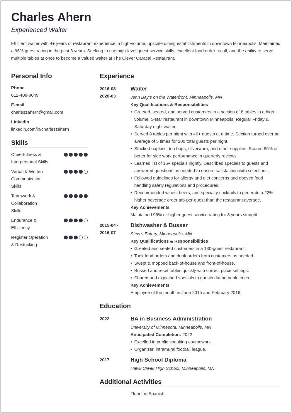 Front Of House Job Resume