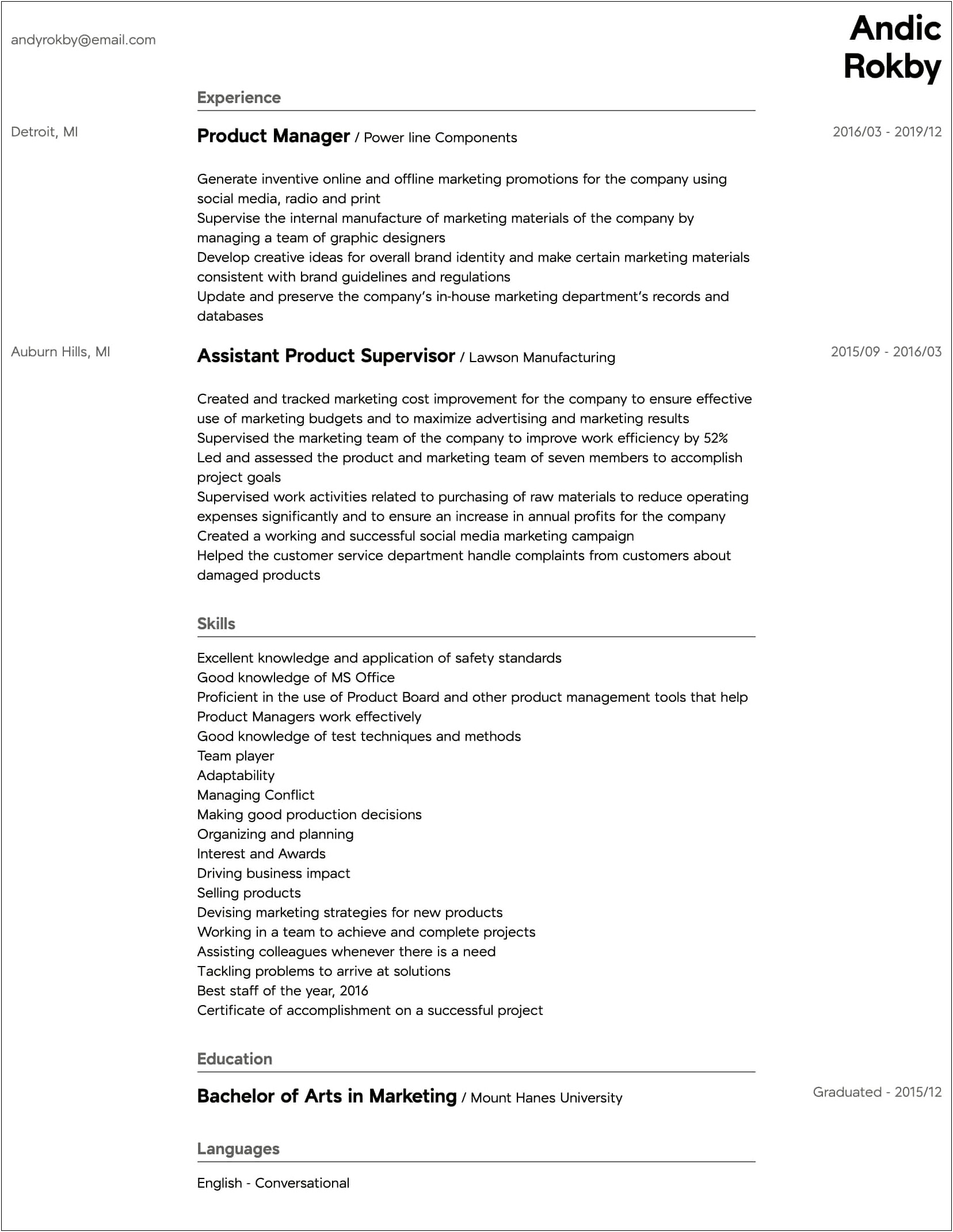 Front Of House Manager Resume Description