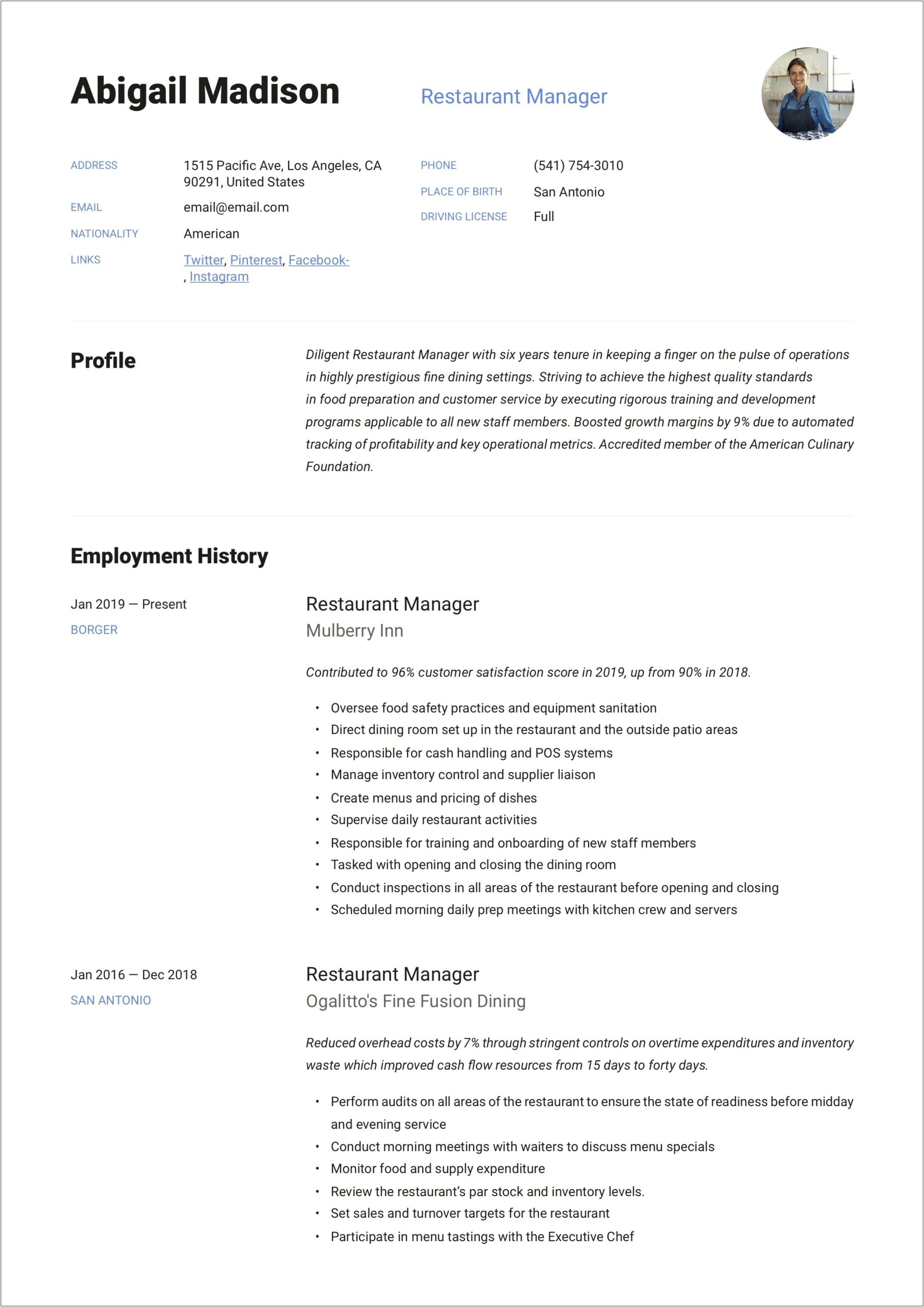 Front Of House Manager Resume Template