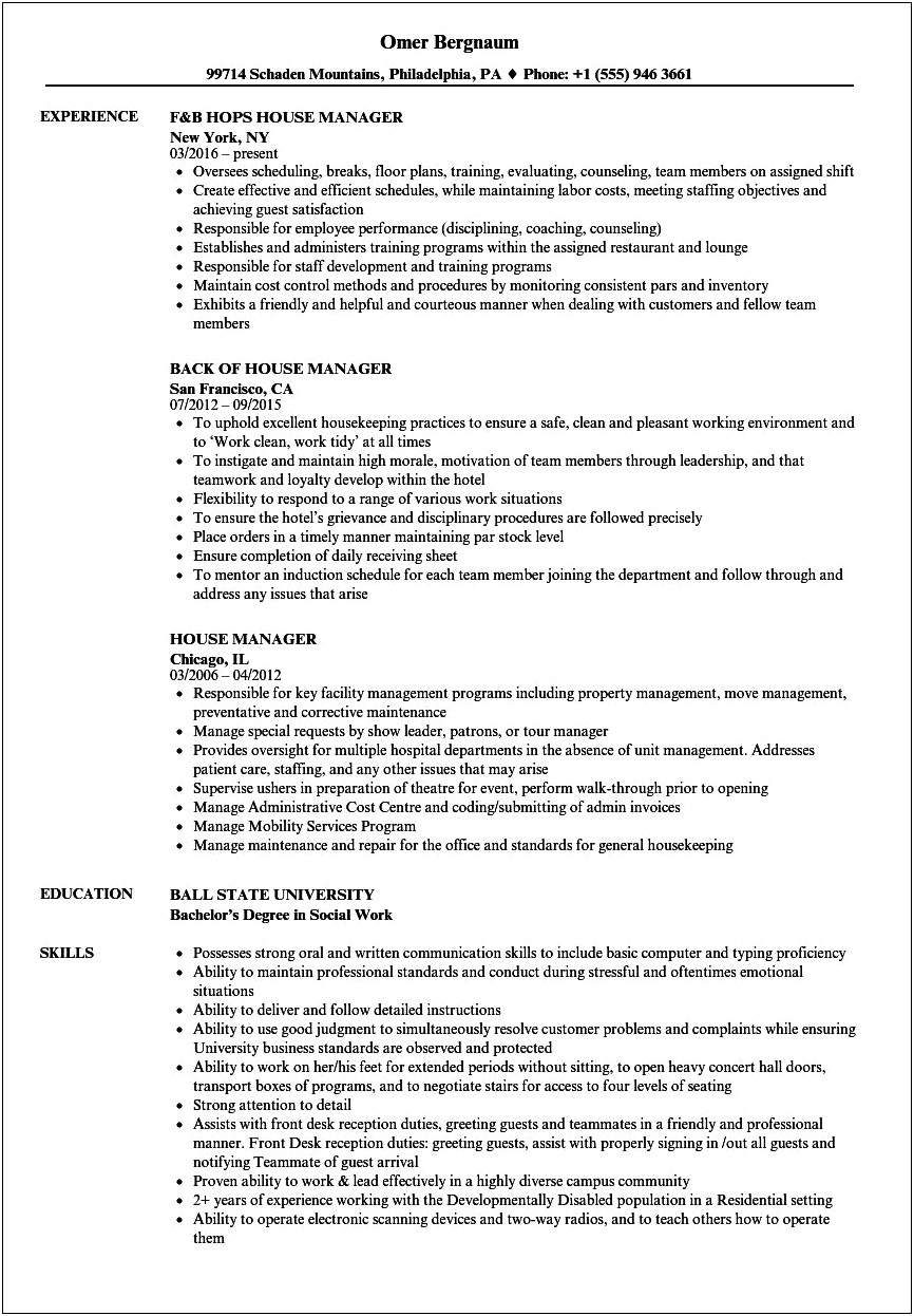 Front Of House Restaurant Manager Resume
