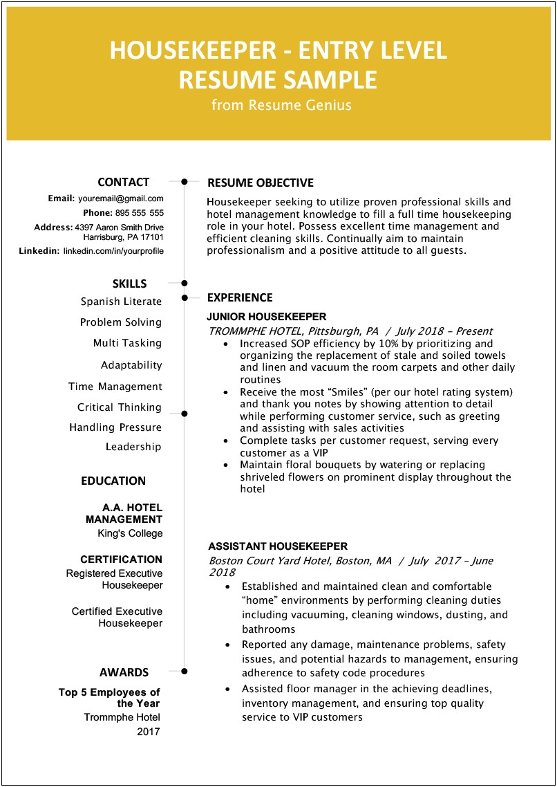 Front Of The House Manager Job Title Resume