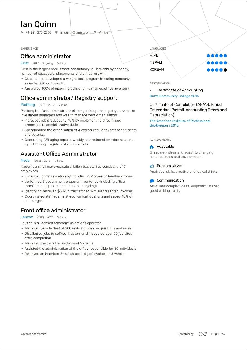 Front Office Administrator Sample Resume