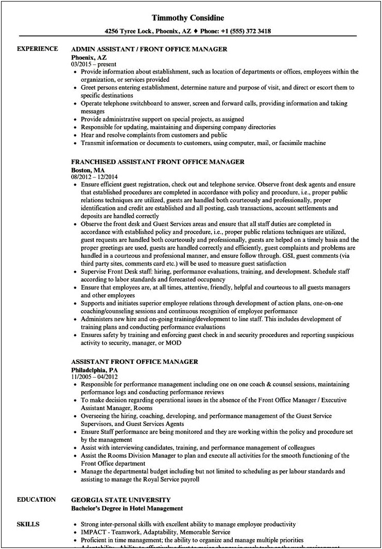 Front Office Assistant Job Resume