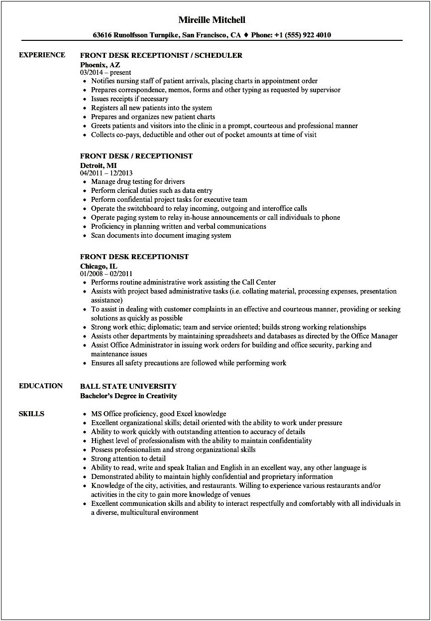 Front Office Coordinator Job Description For Resume