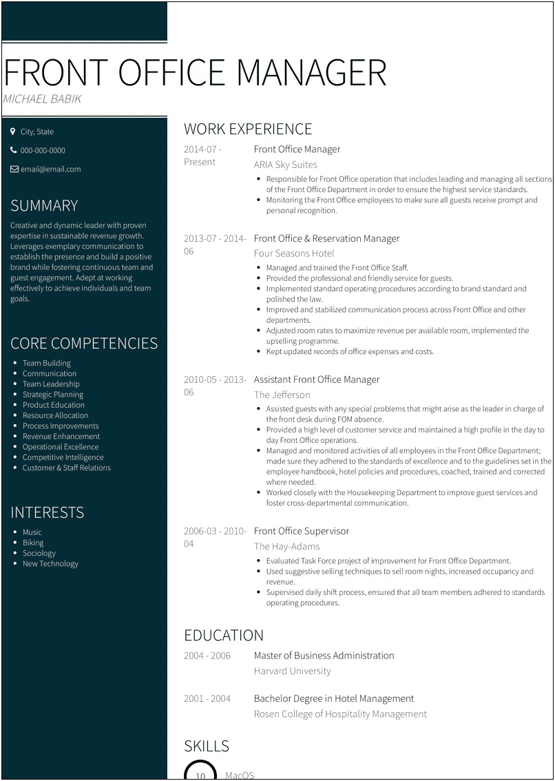 Front Office Executive Resume Example