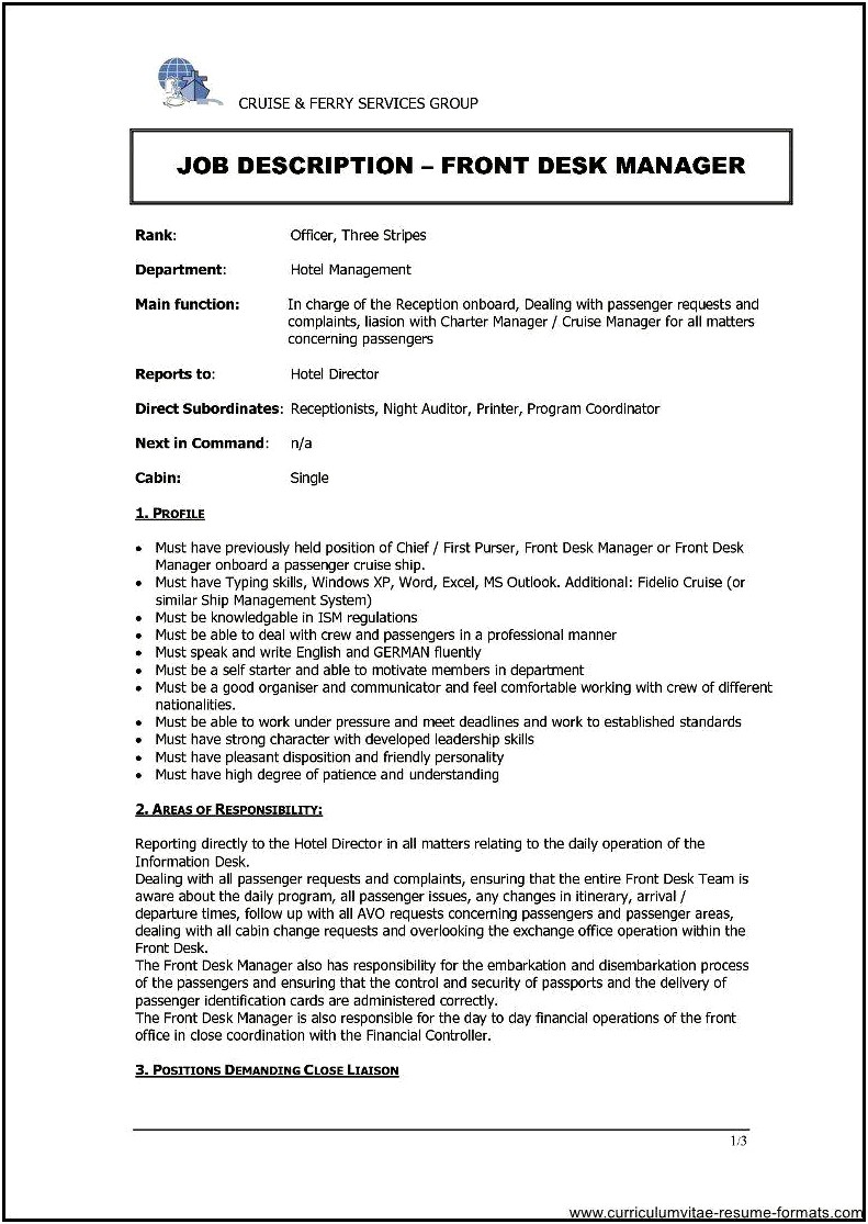Front Office Job Description Resume