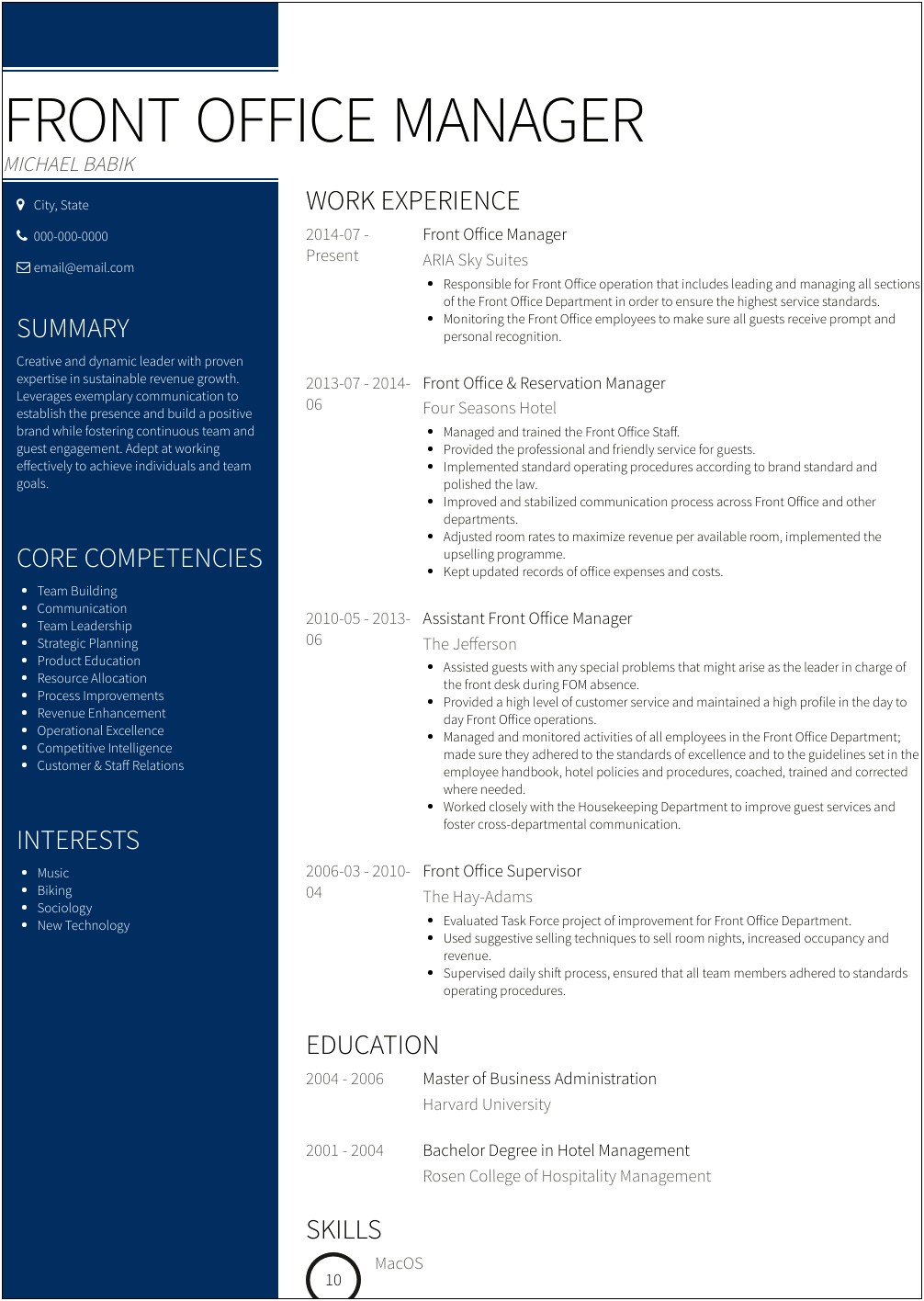 Front Office Manager At Hotel Sample Resume