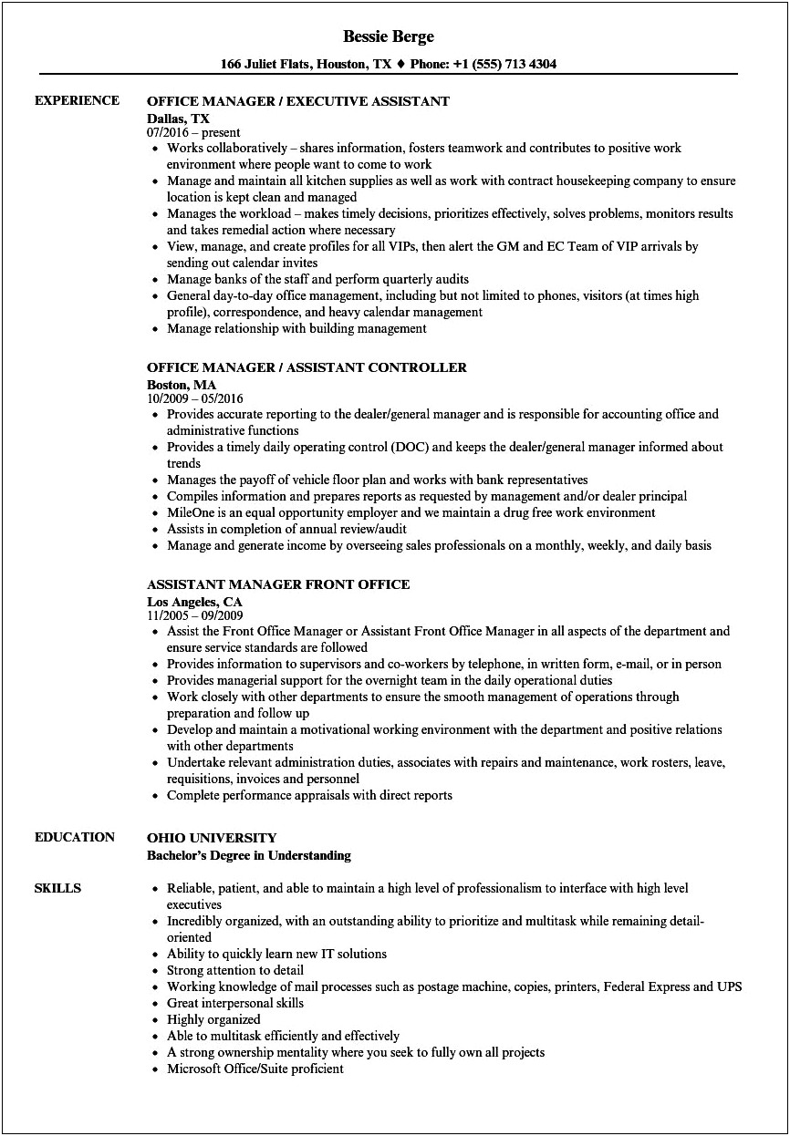 Front Office Manager Responsibilities Resume