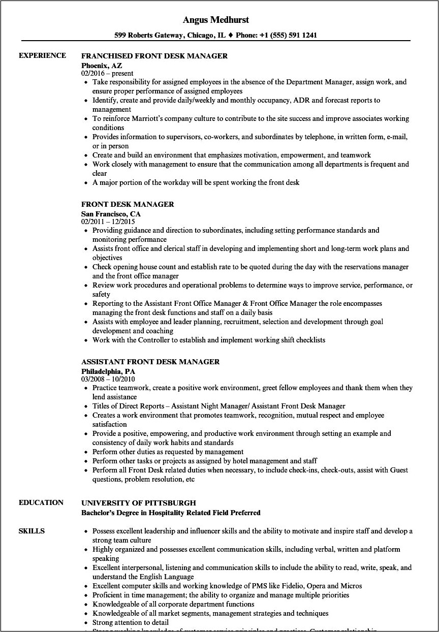 Front Office Manager Resume Hotel