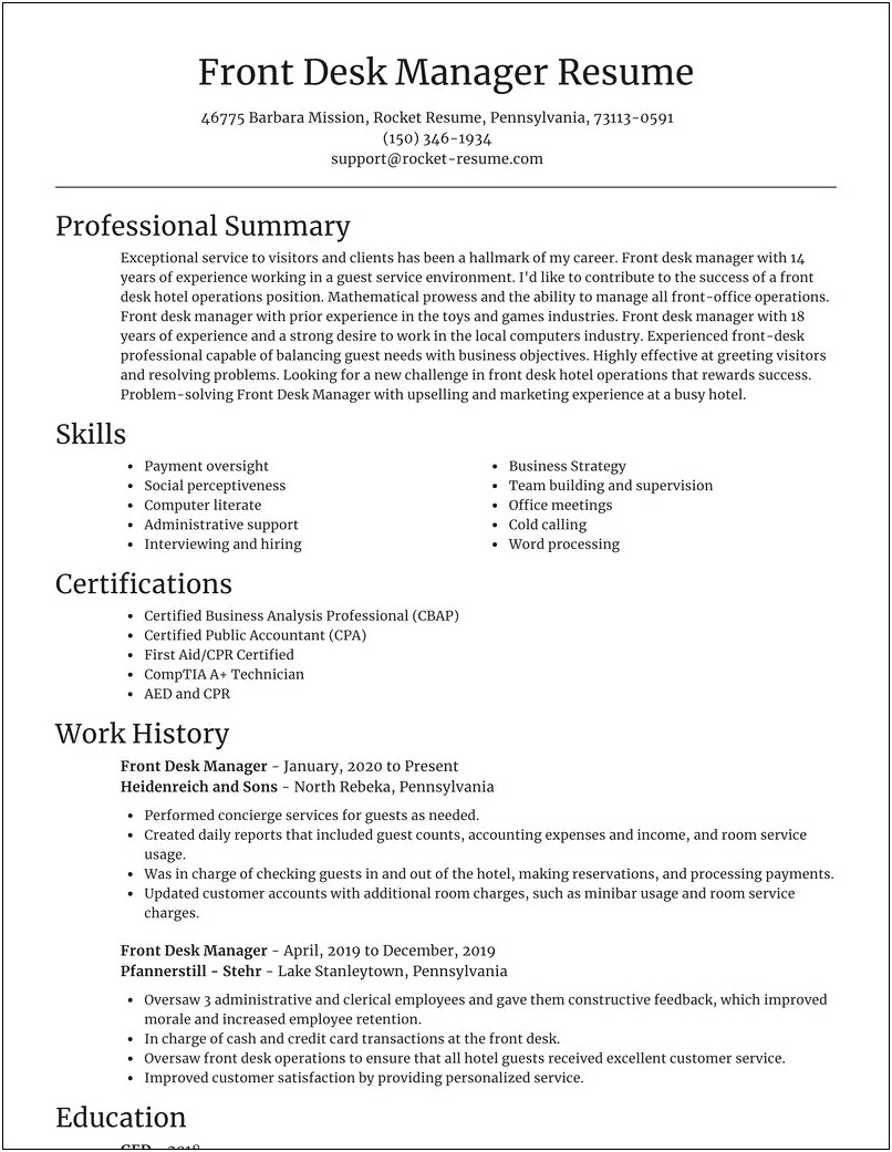Front Office Manager Resume Skills