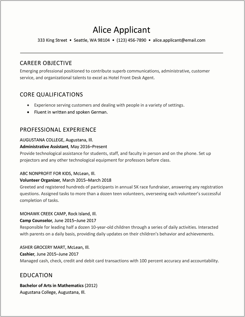 Front Office Objectives In Resume