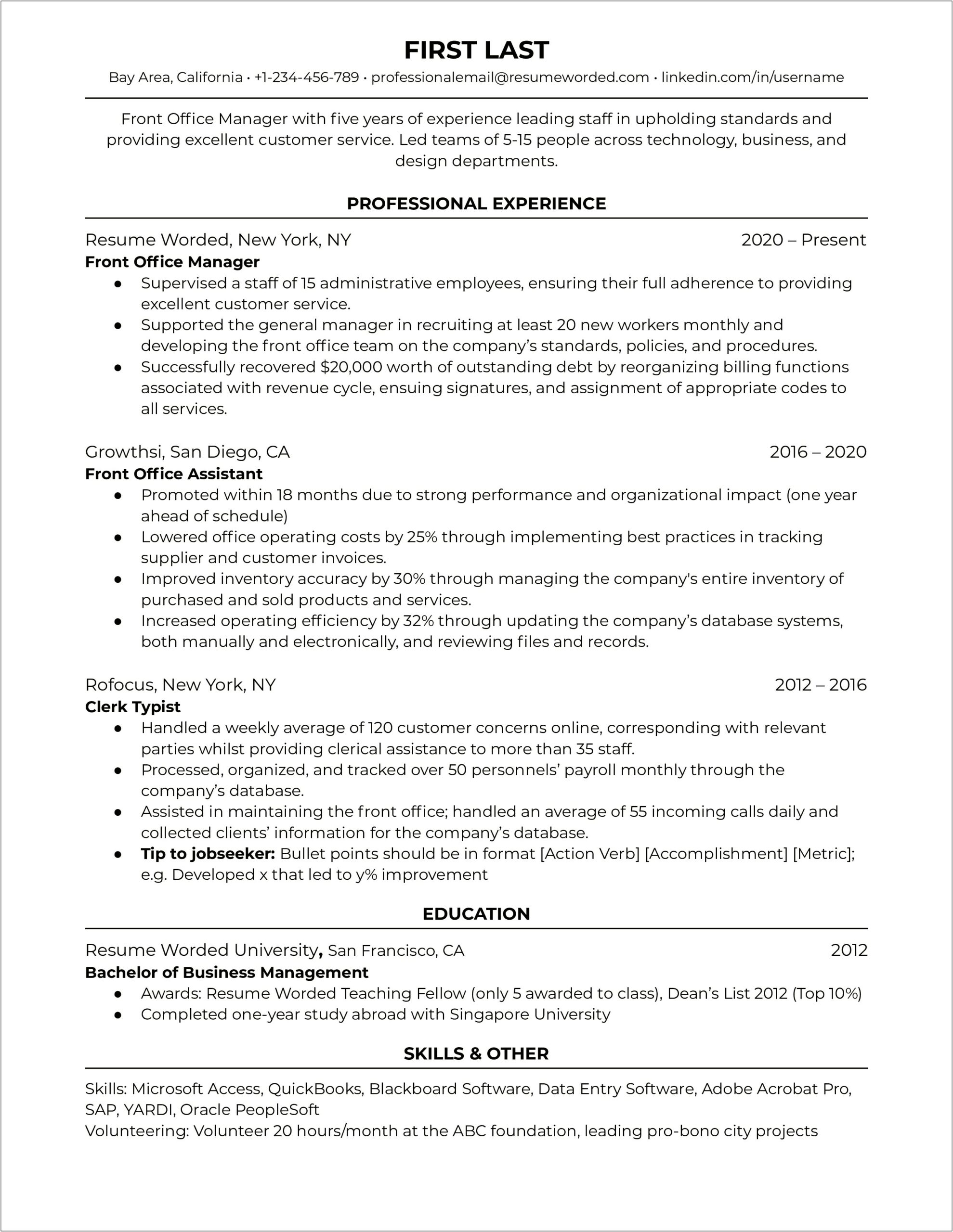 Front Office Operations Manager Resume
