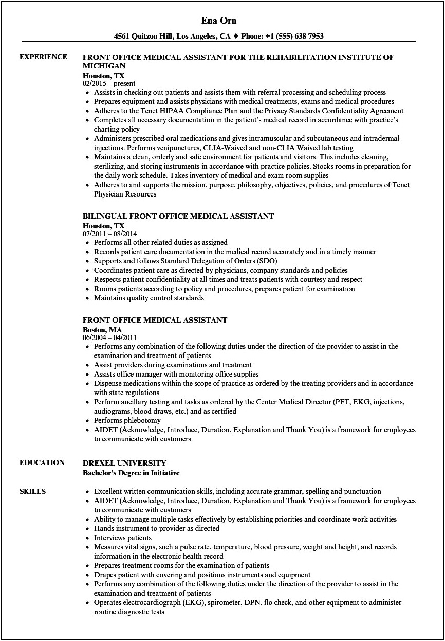 Front Office Receptionist Job Description Resume