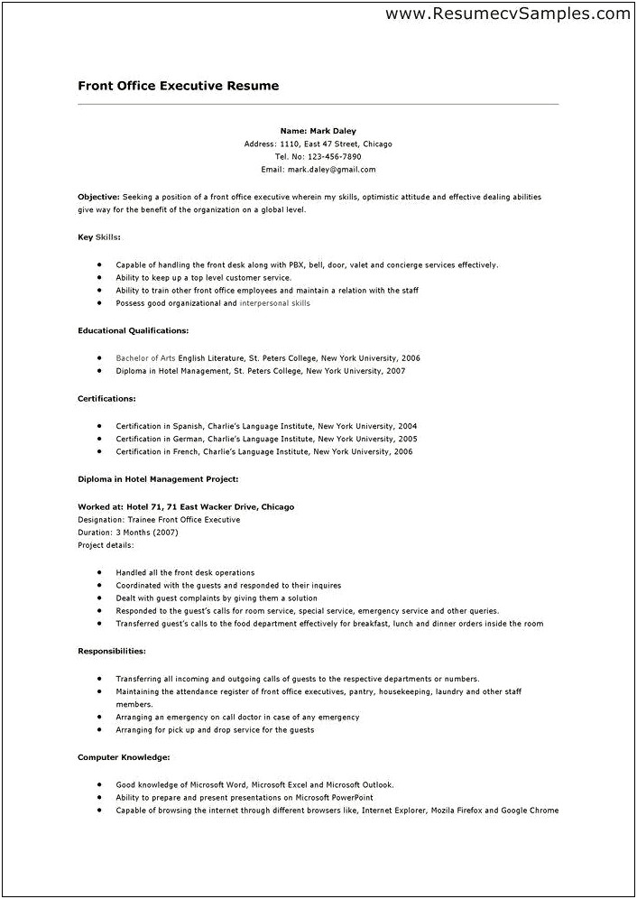 Front Office Receptionist Sample Resume