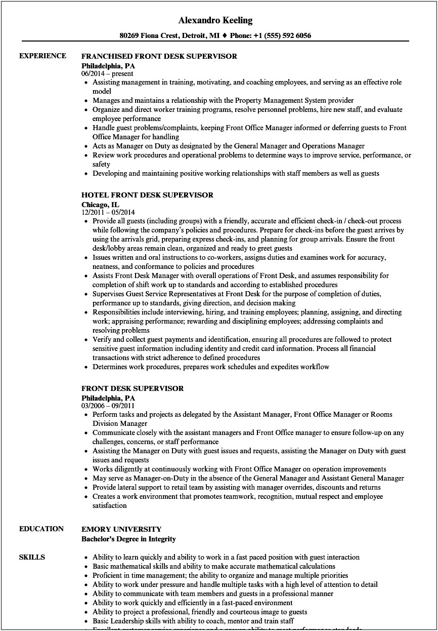 Front Office Shift Leader Job Description For Resume