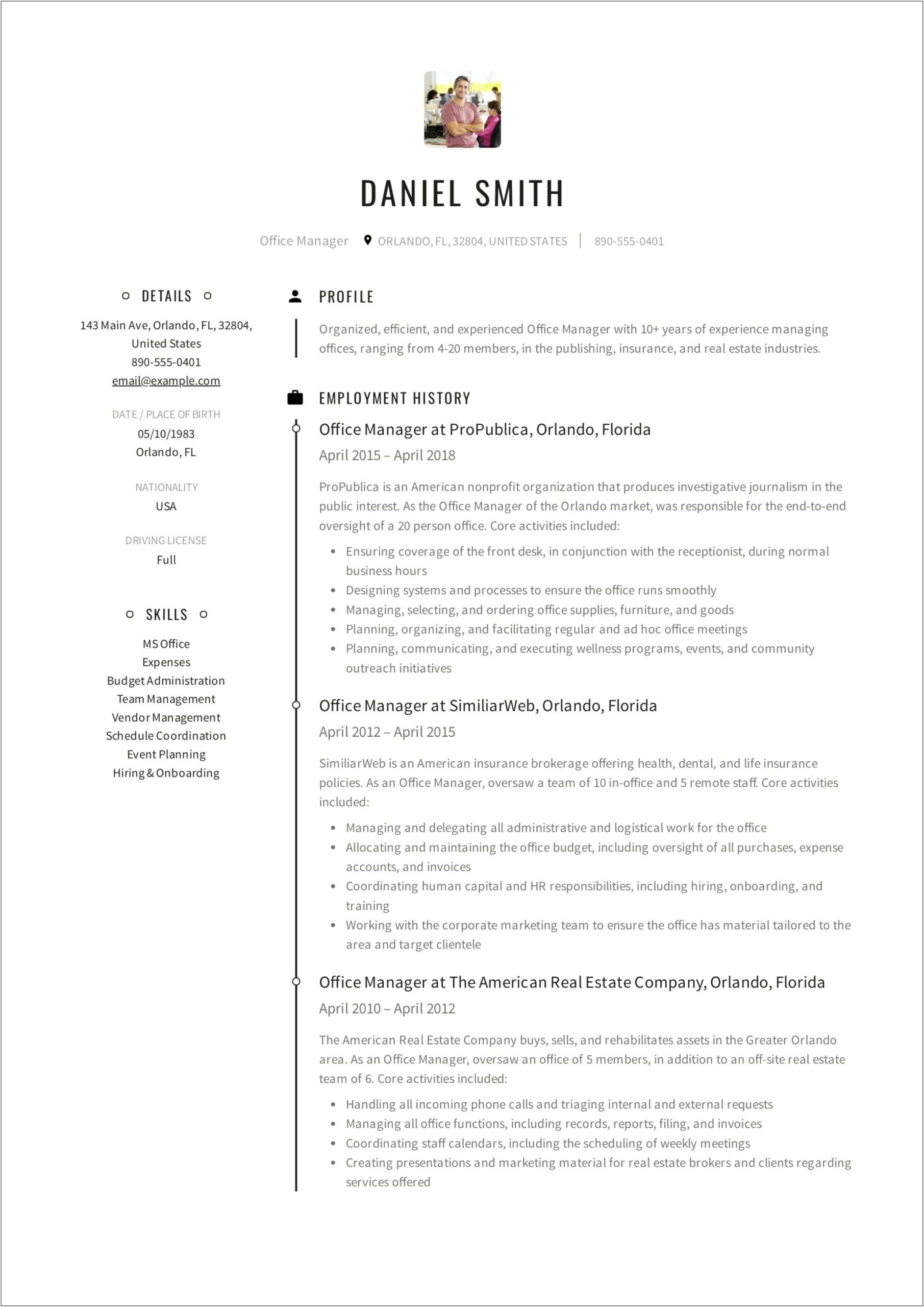 Front Office Supervisor Resume Example