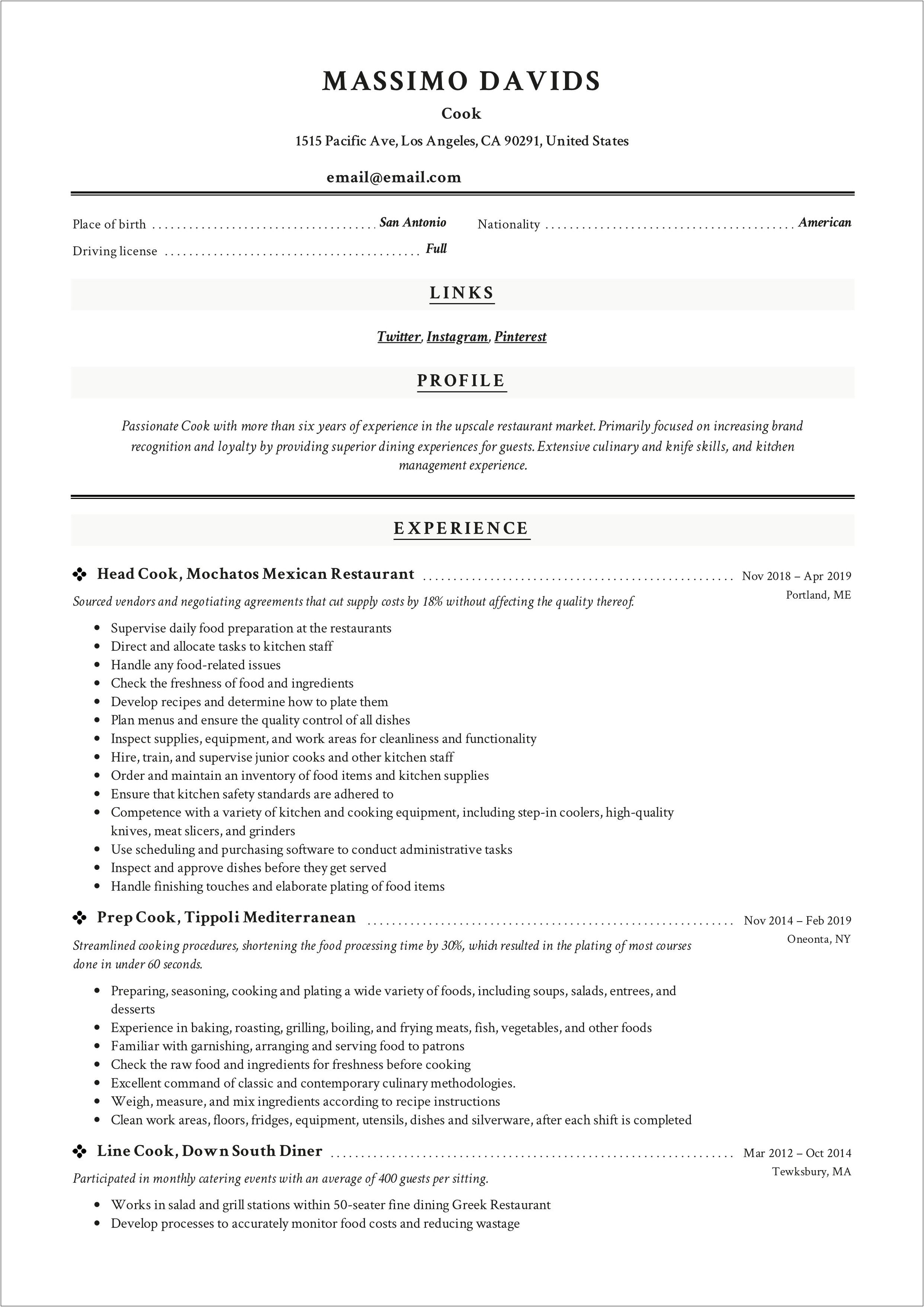 Fry Cook Job Description For Resume