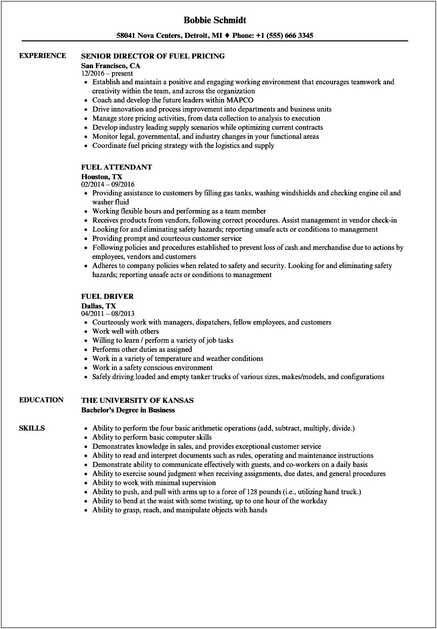 Fuel Clerk Job Description For Resume