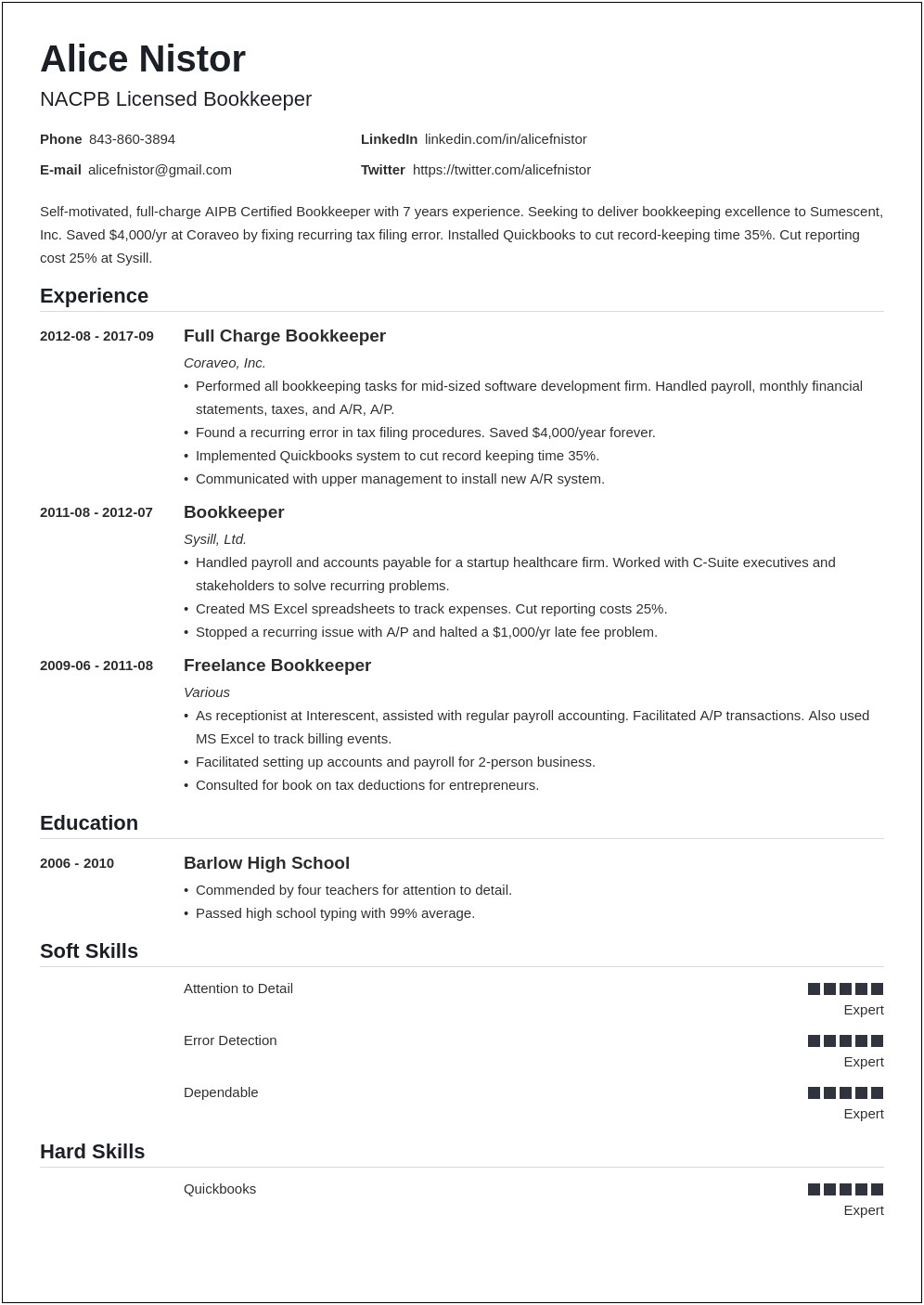 Full Charge Bookkeeper Resume Samples