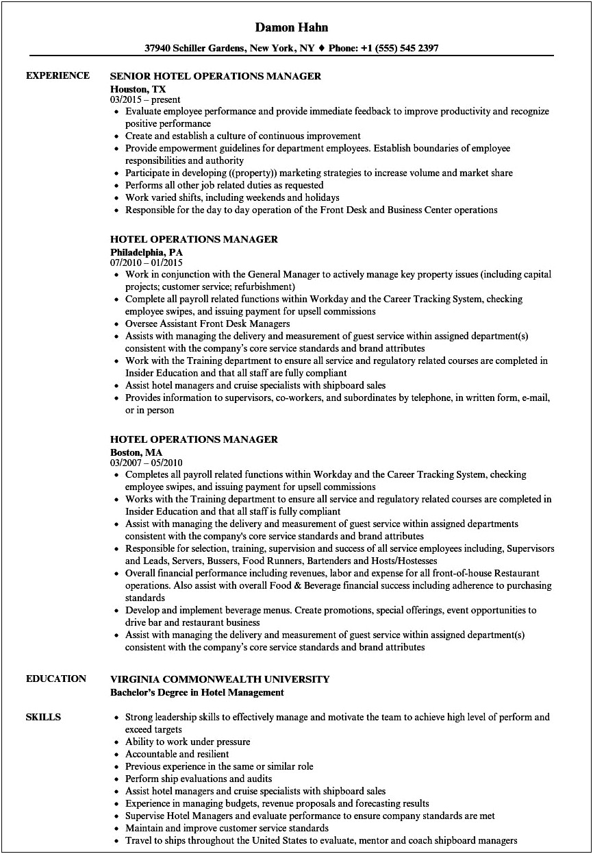 Full Service Hotel General Manager Resume