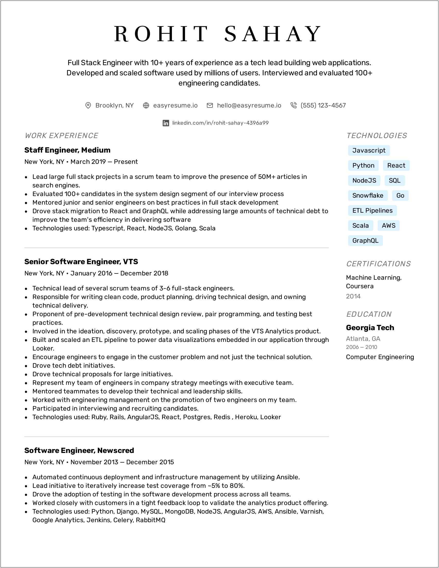 Full Stack Developer Skill Set Resume