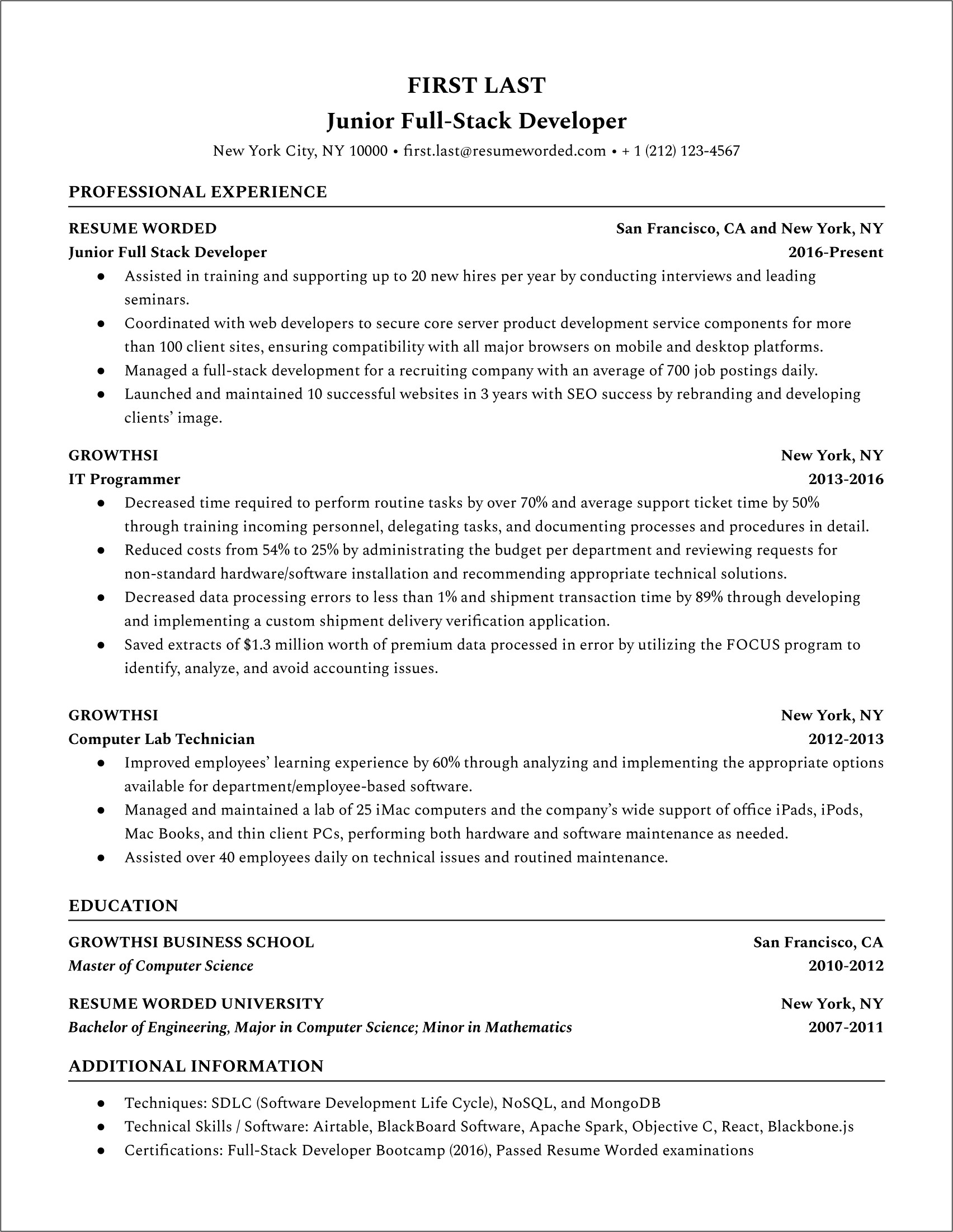 Full Stack Engineer Sample Resume