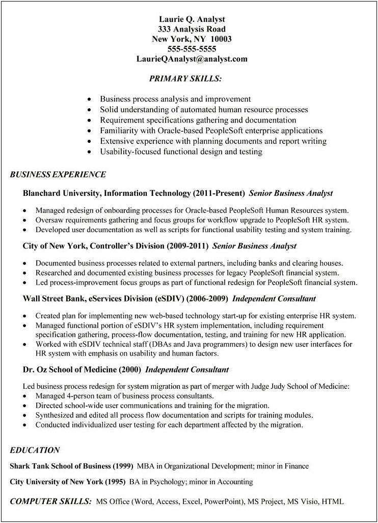Functional Business Analyst Sample Resume