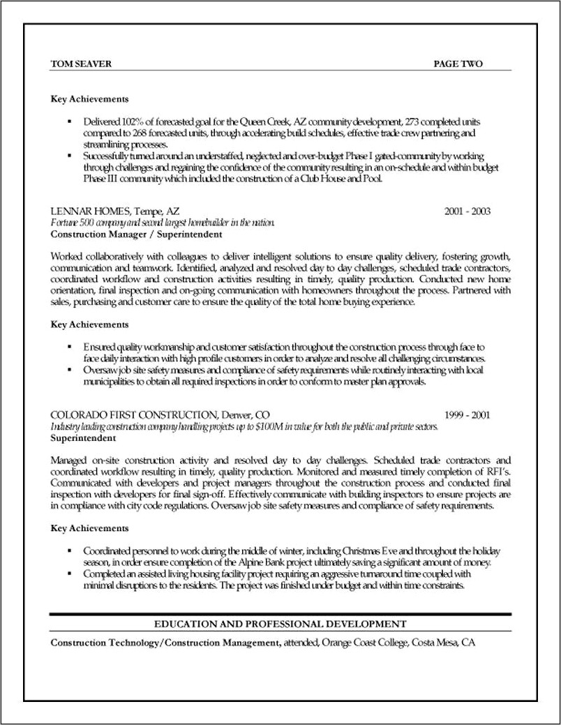 Functional Resume Construction Project Manager