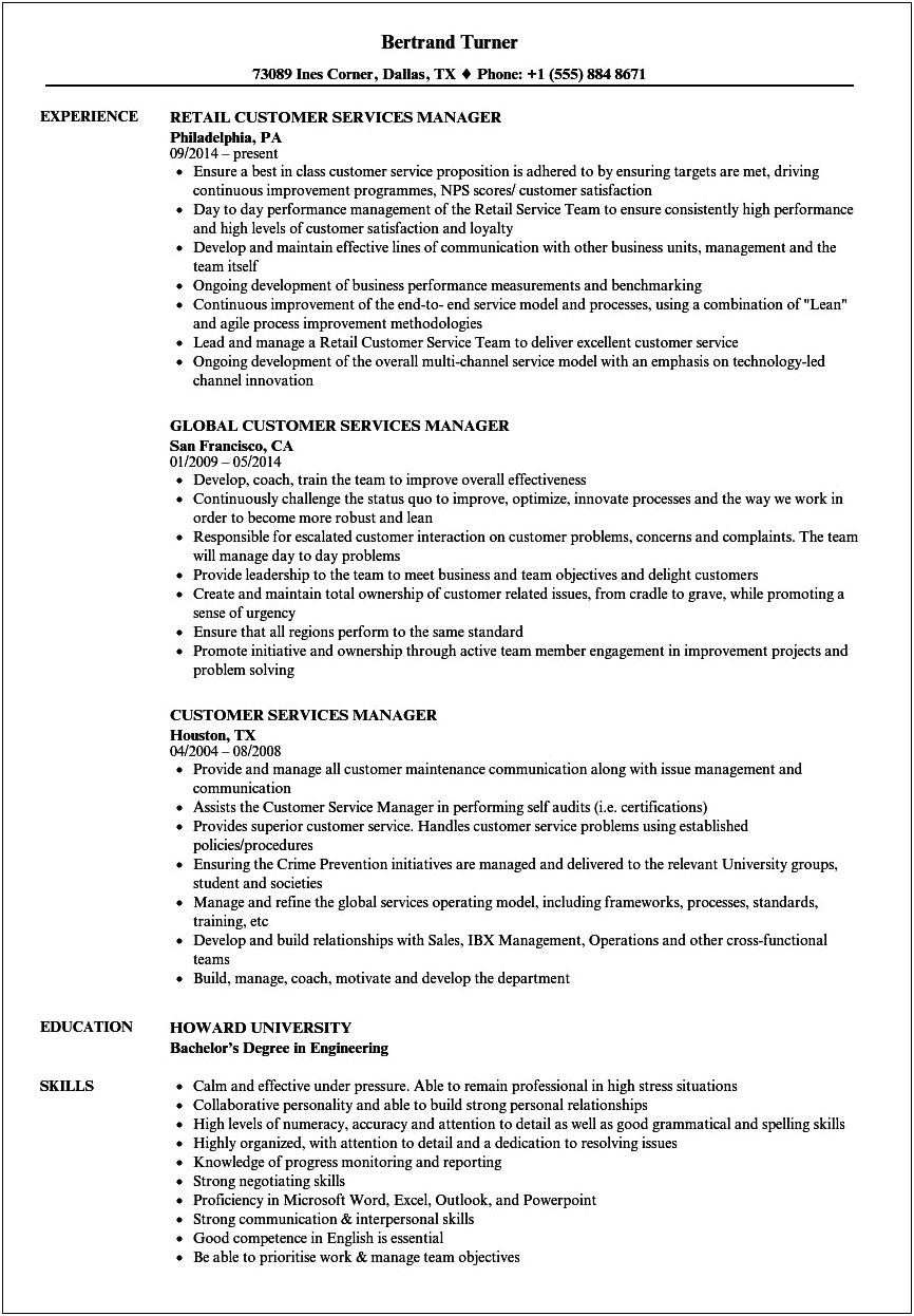 Functional Resume Customer Service Manager