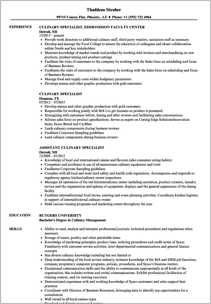 Functional Resume Example For Culinary