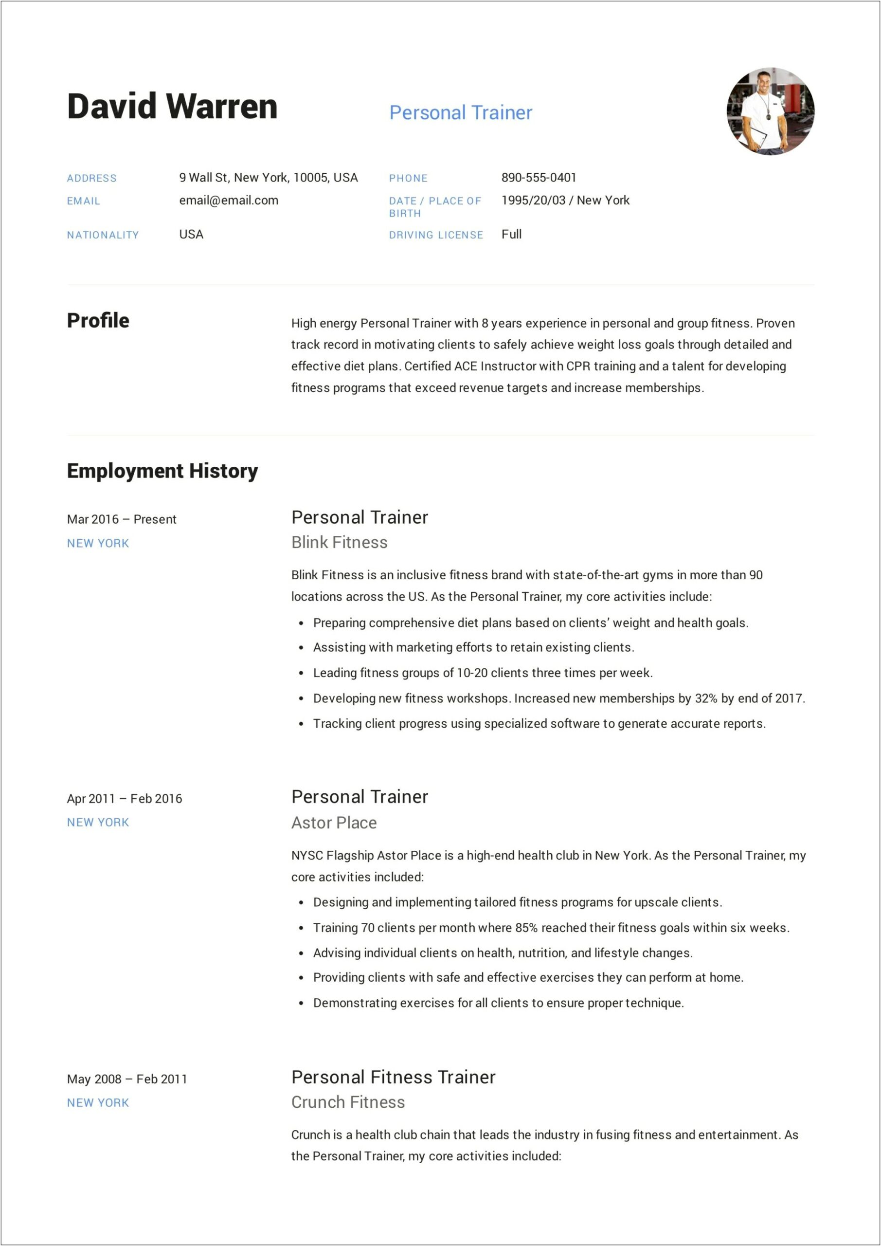 Functional Resume Example Personal Trainer