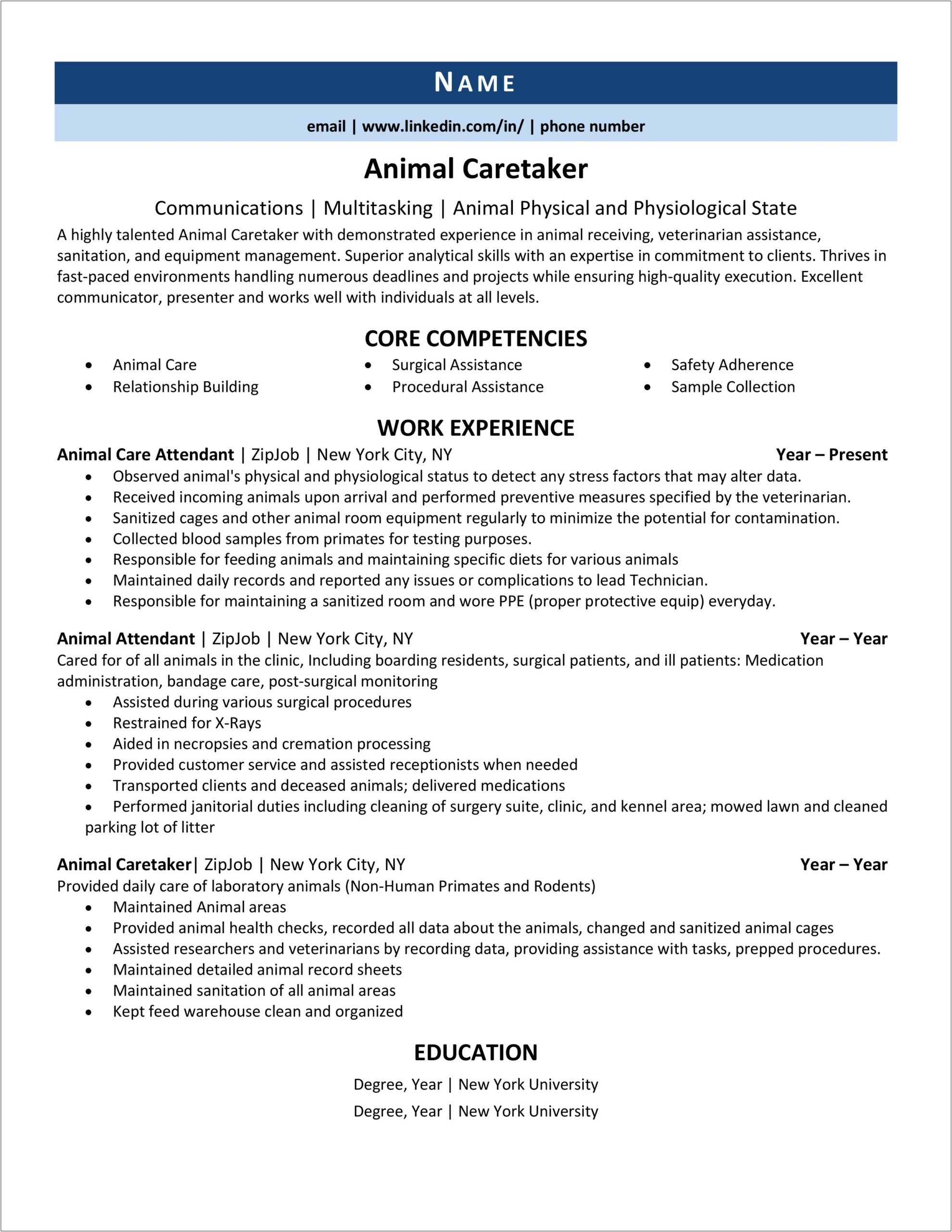 Functional Resume Examples Animal Care