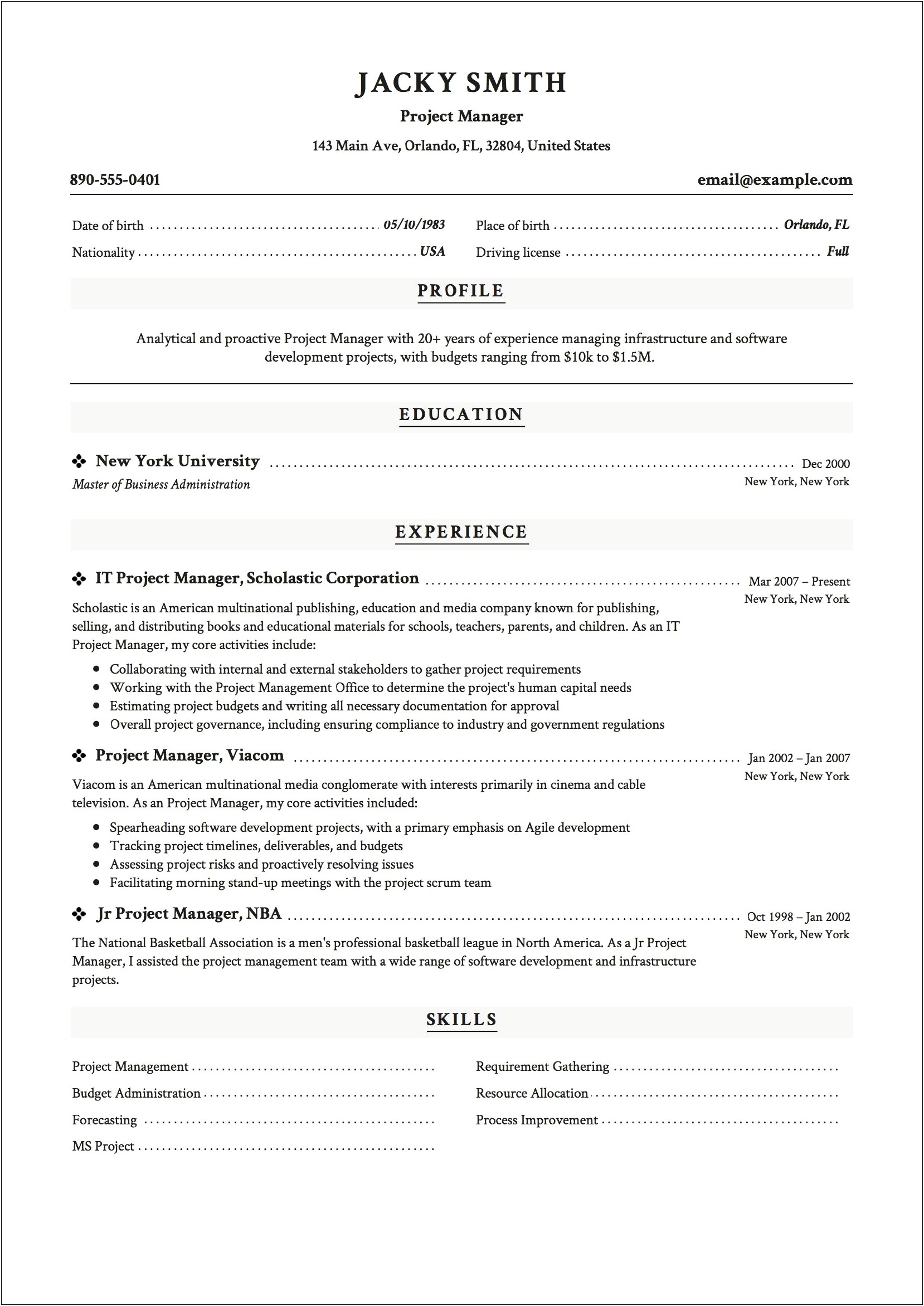 Functional Resume Examples Project Manager