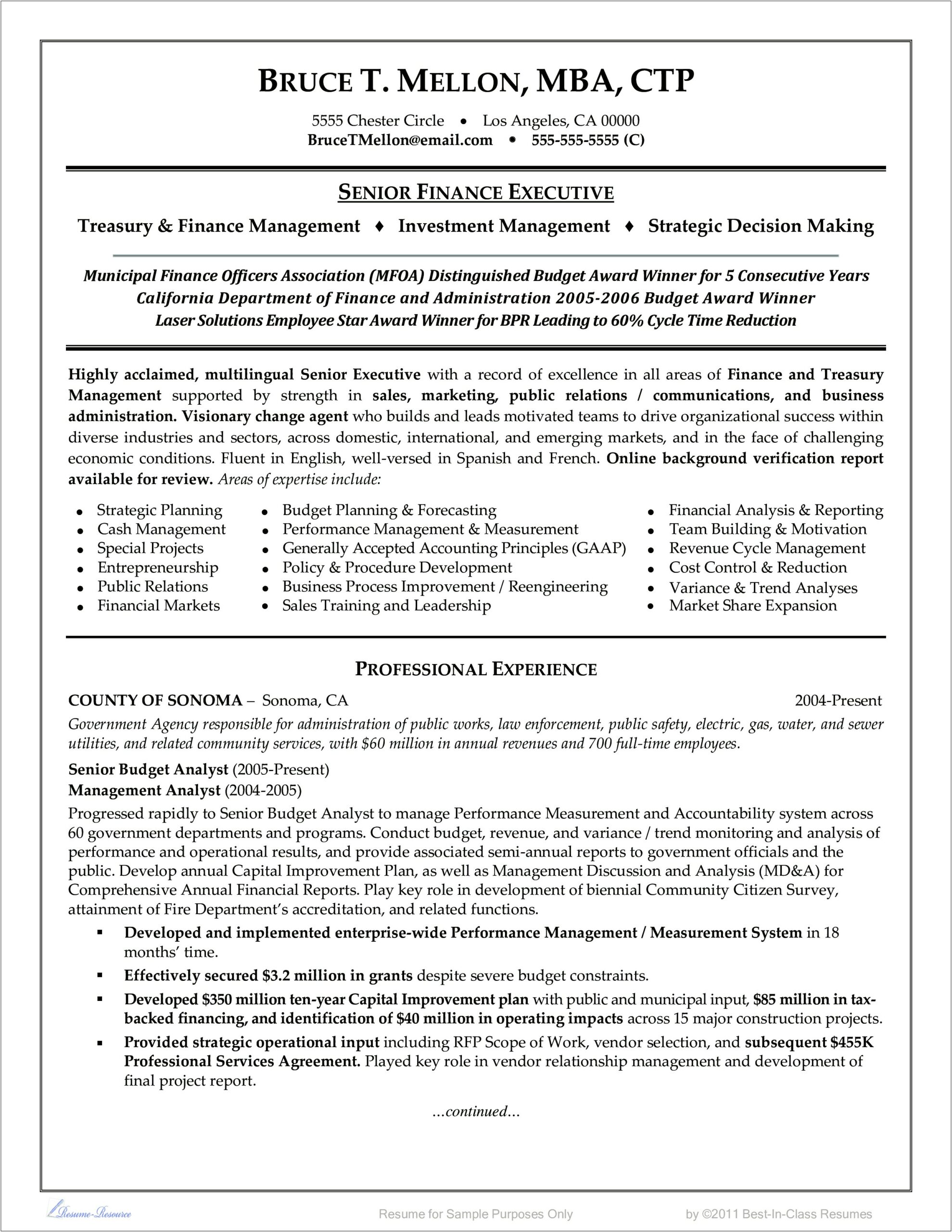 Functional Resume For Fiscal Management