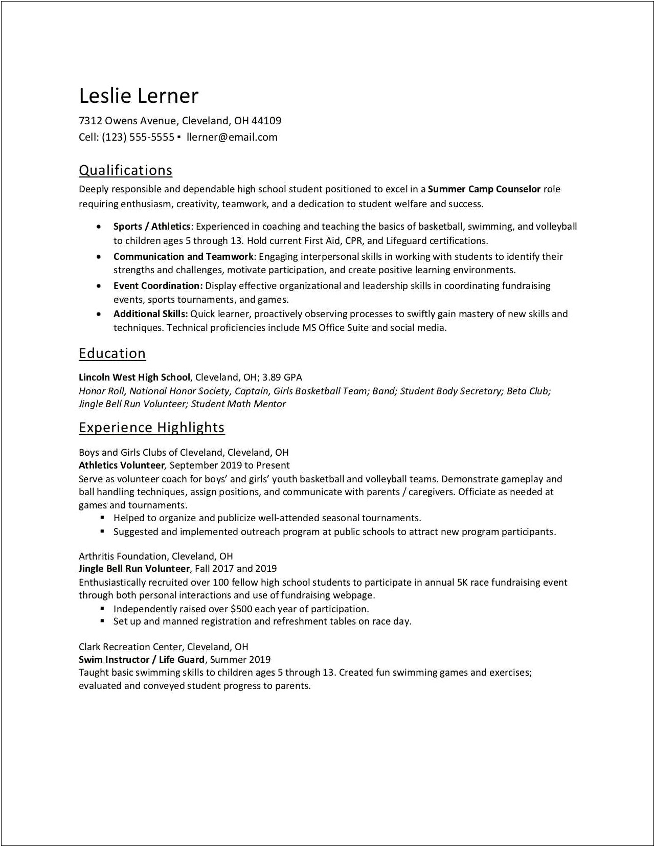 Functional Resume For High School Student