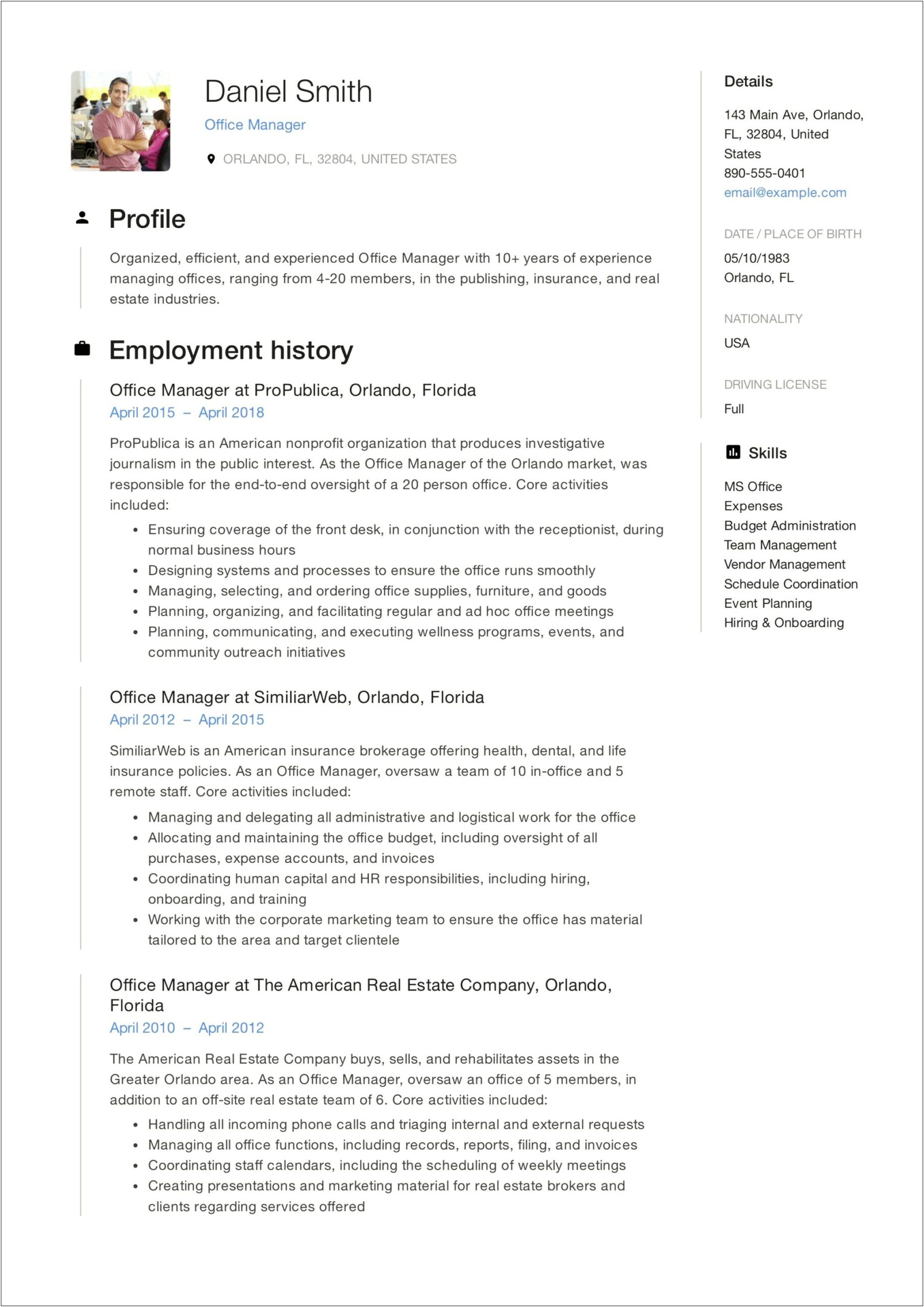 Functional Resume For Office Management