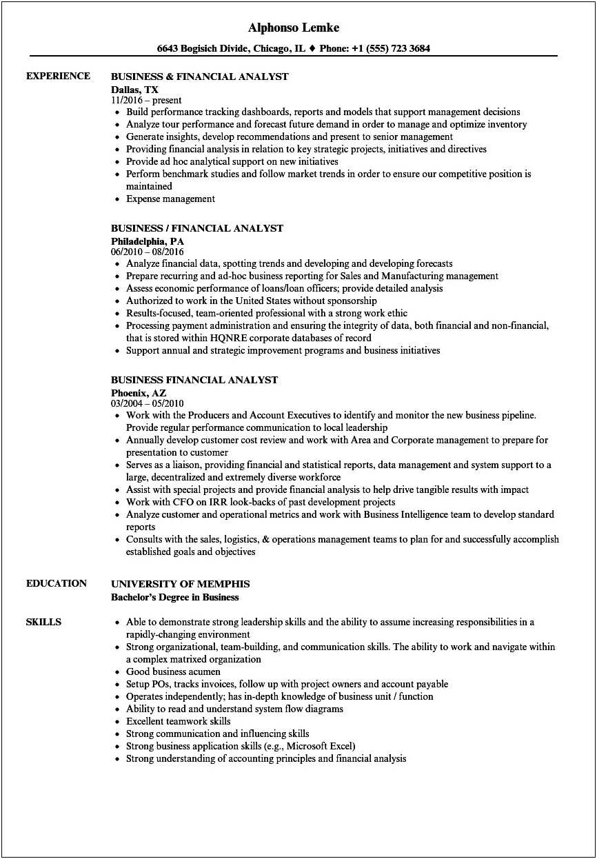 Functional Resume Sample For Financial Analyst
