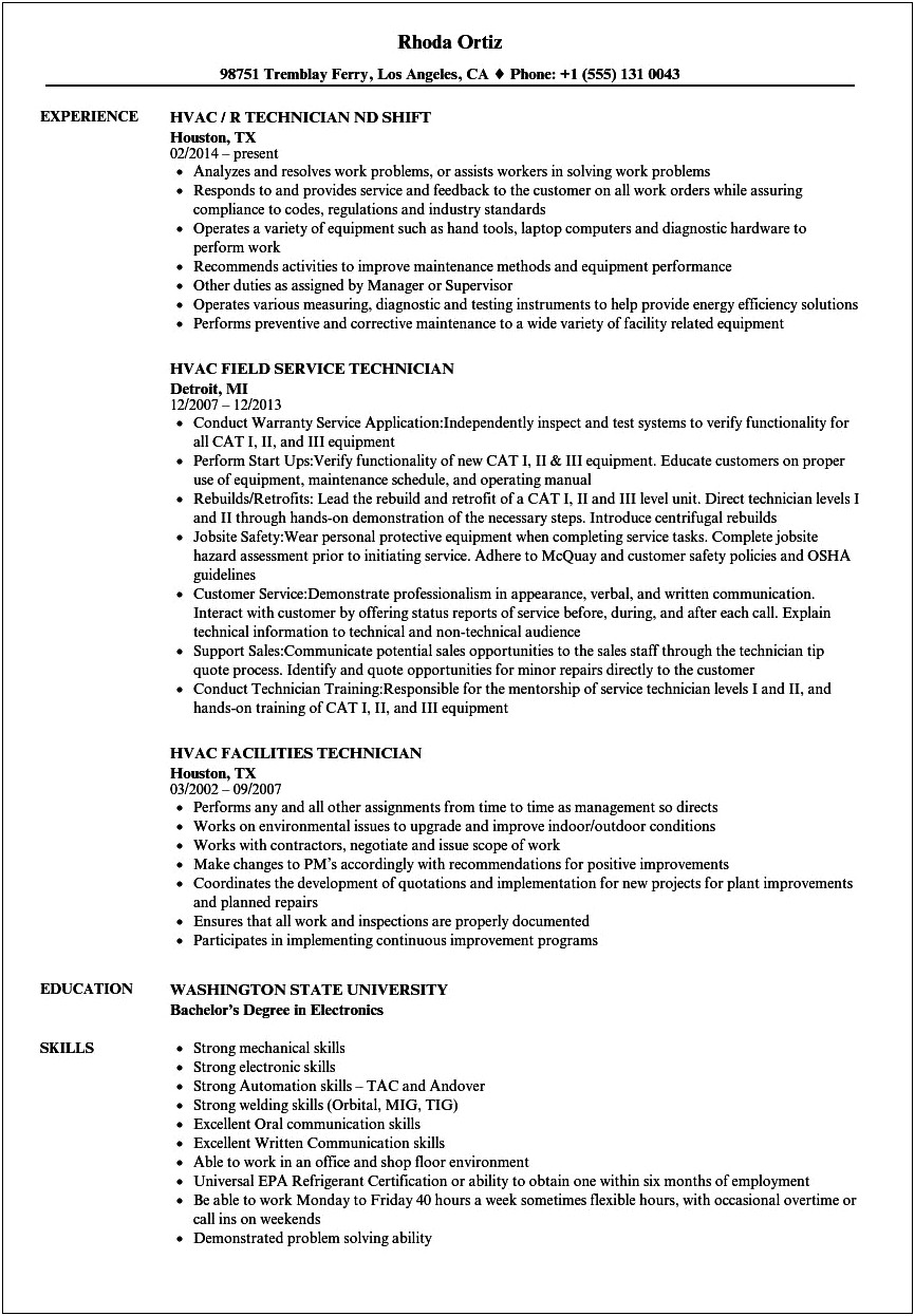Functional Summary On A Resume For Hvac
