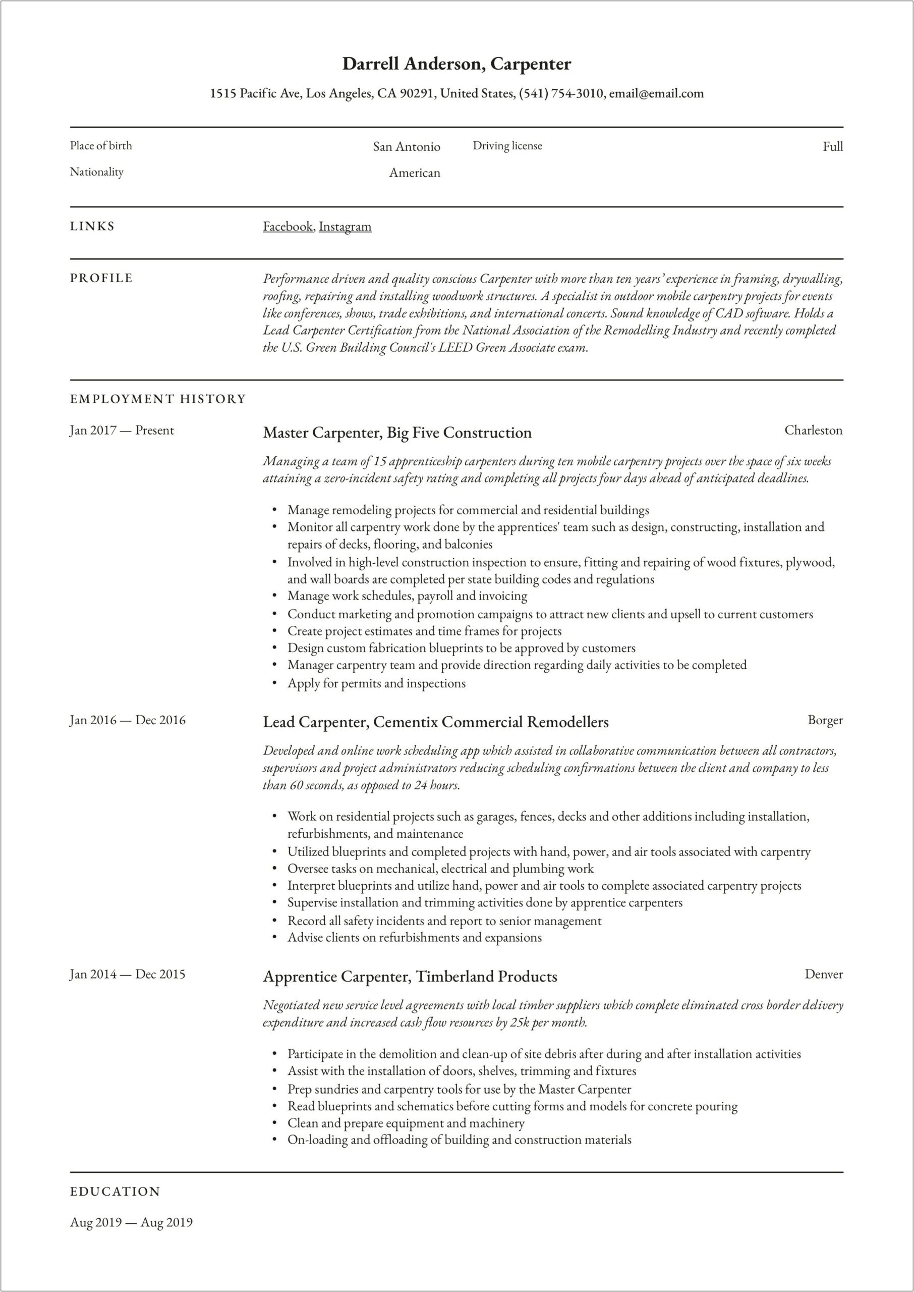 Furniture Carpenter Job Description Resume