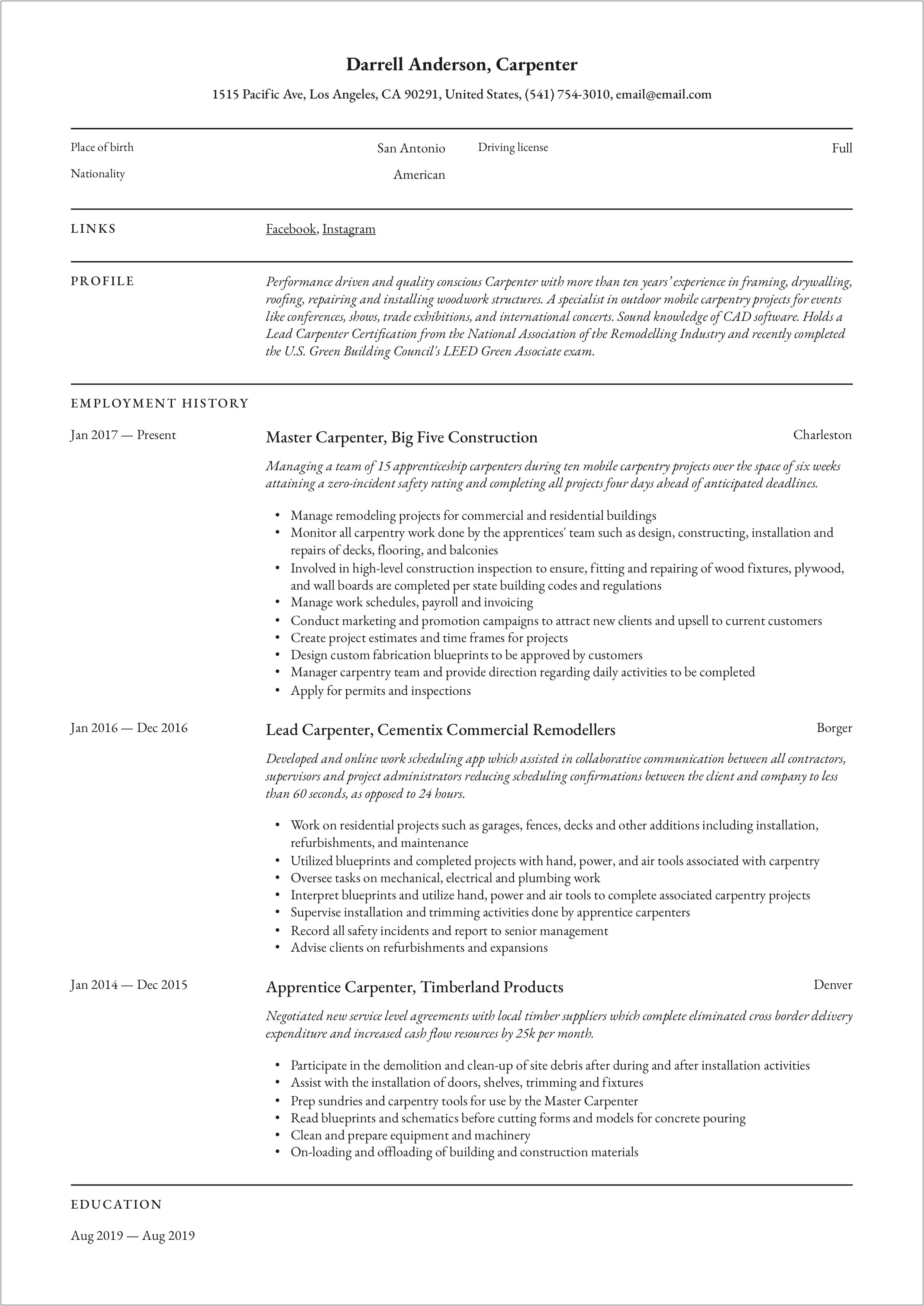 Furniture Carpenter Job Description Resume