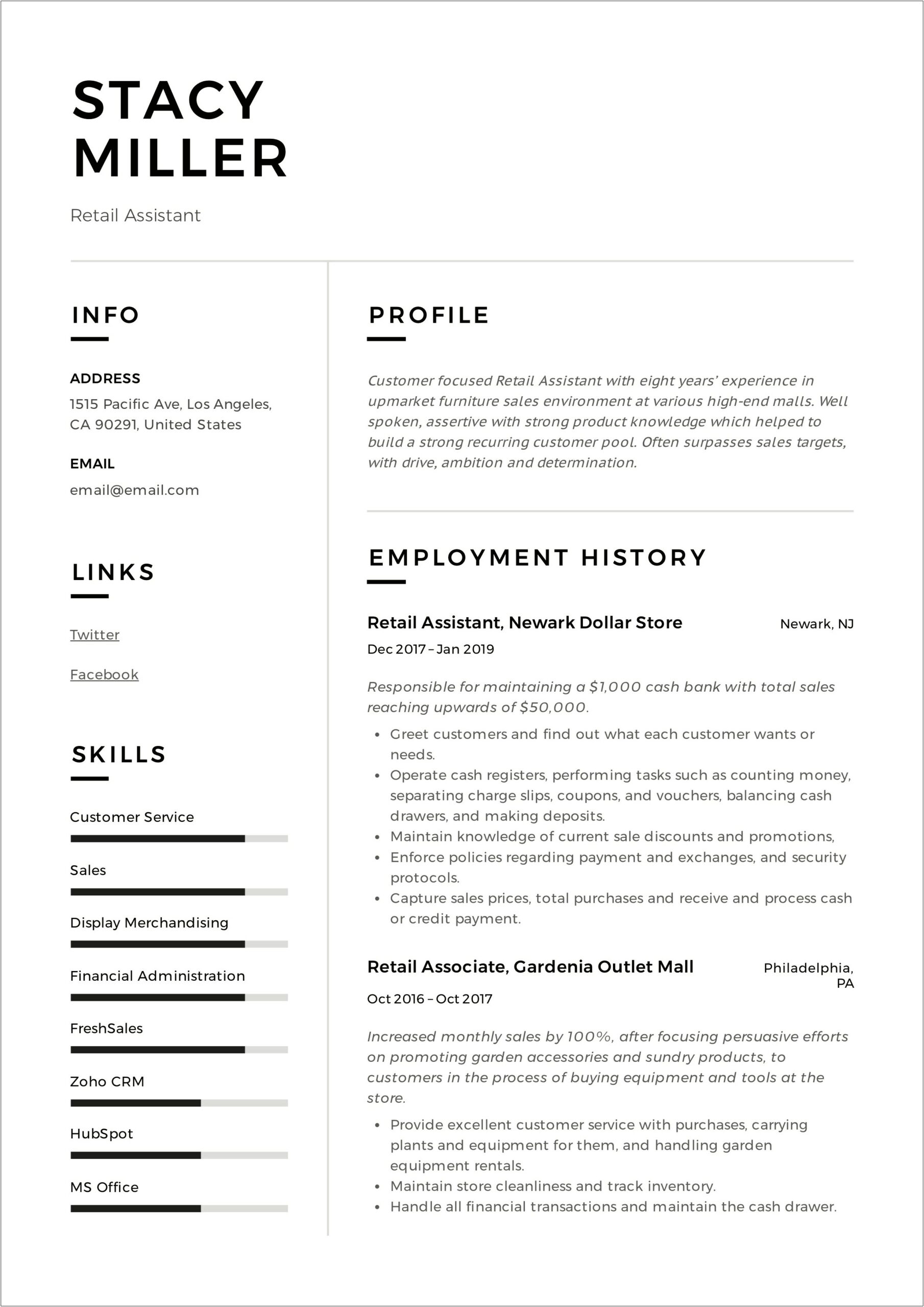 Furniture Store Sales Manager Resume