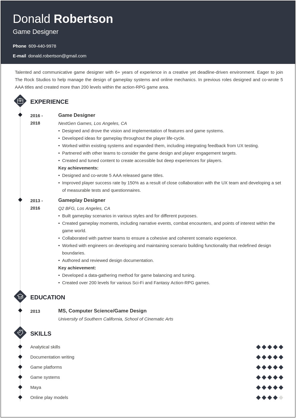 Game Design Resume Template For Google Drive English
