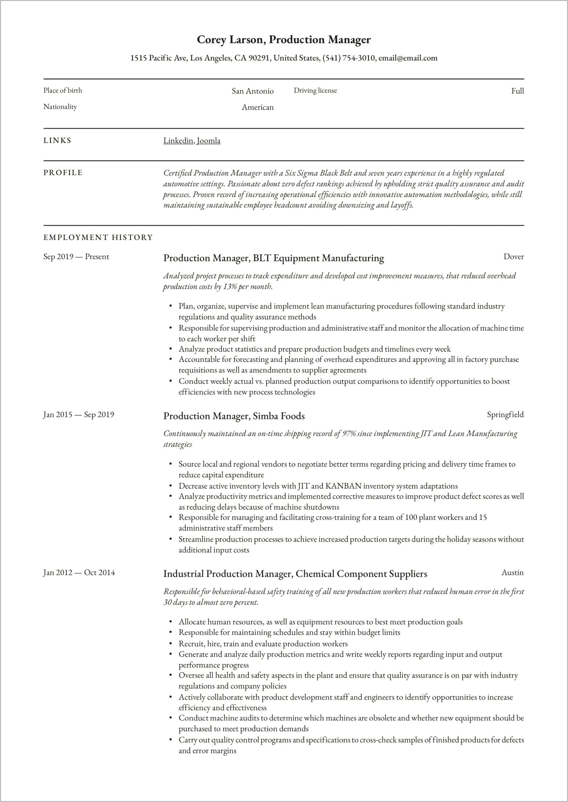 Garment Production Manager Resume Sample