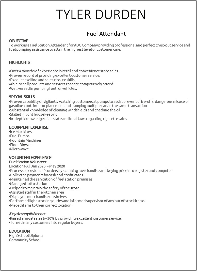 Gas Station Attendant Job Description For Resume