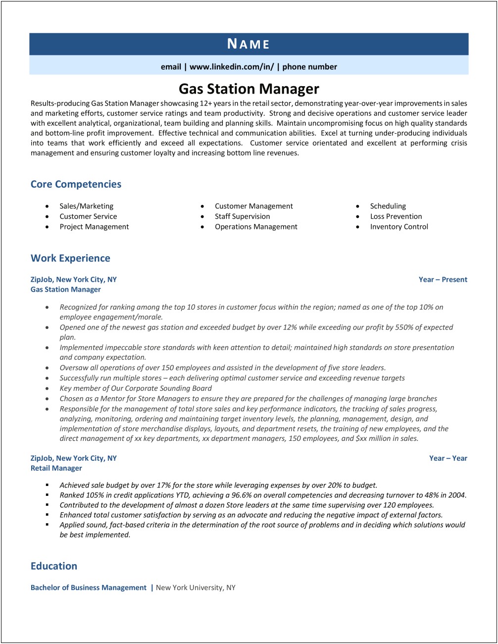Gas Station Manager Description Resume