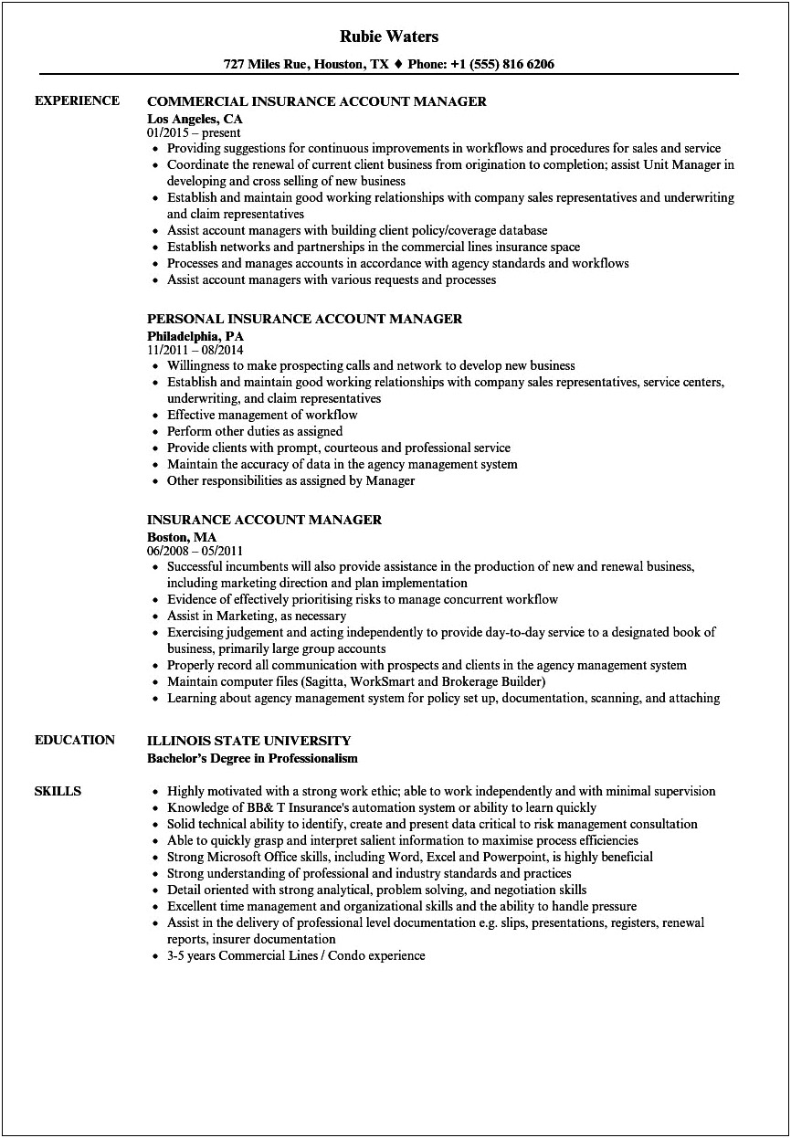 General Insurance Sales Manager Resume