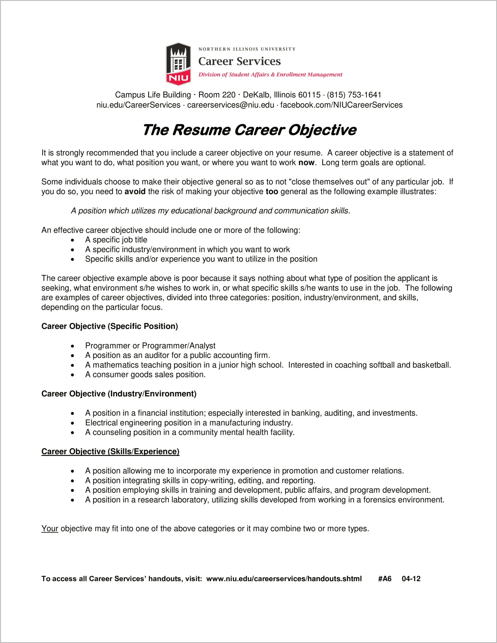 General Job Objective On Resume