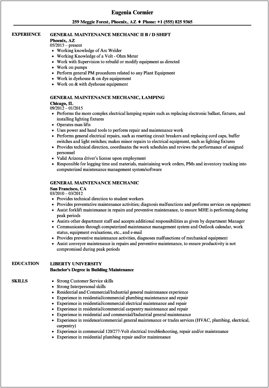 General Maintenance Technician Sample Resume